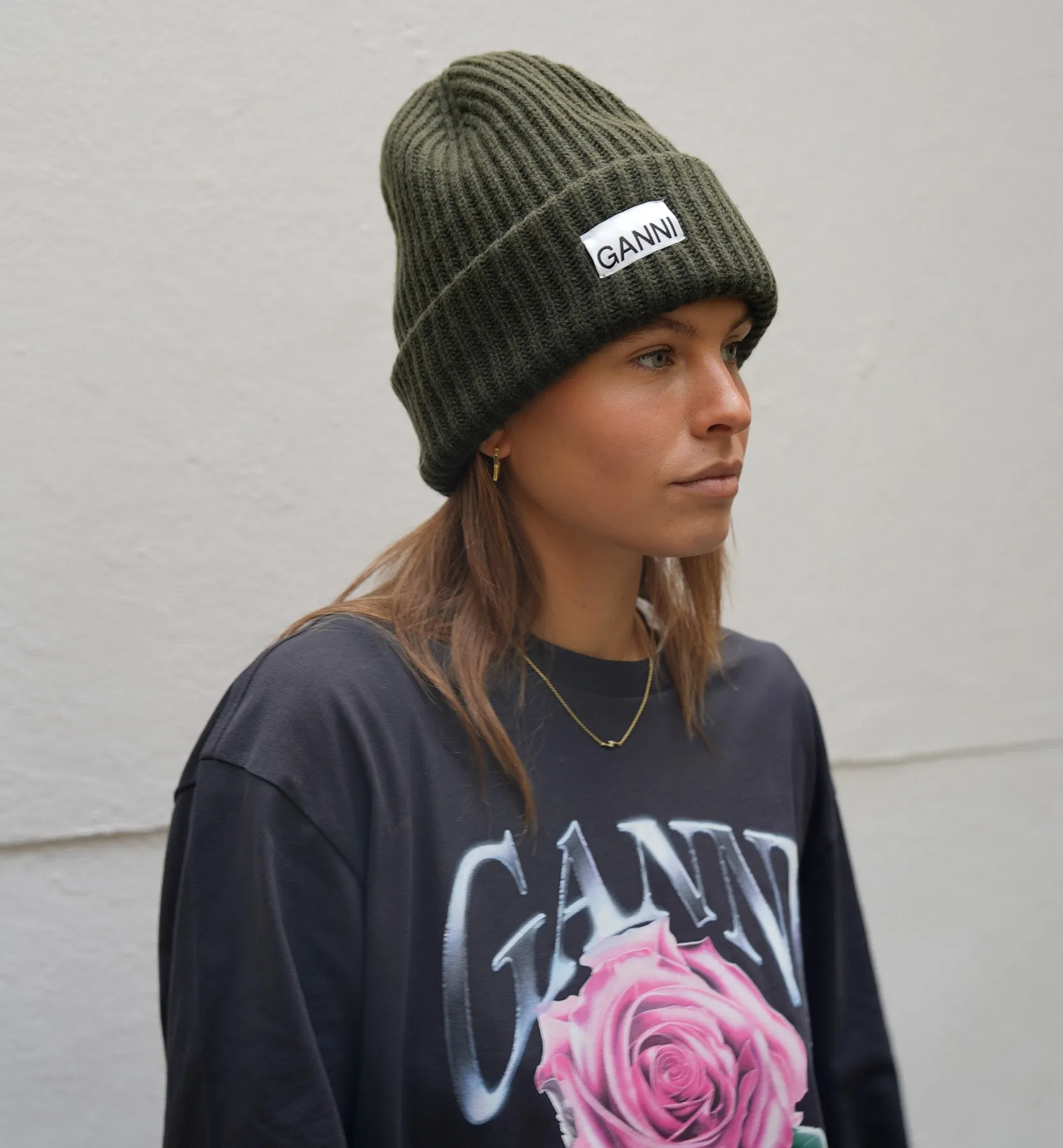 GANNI Green Structured Rib Beanie