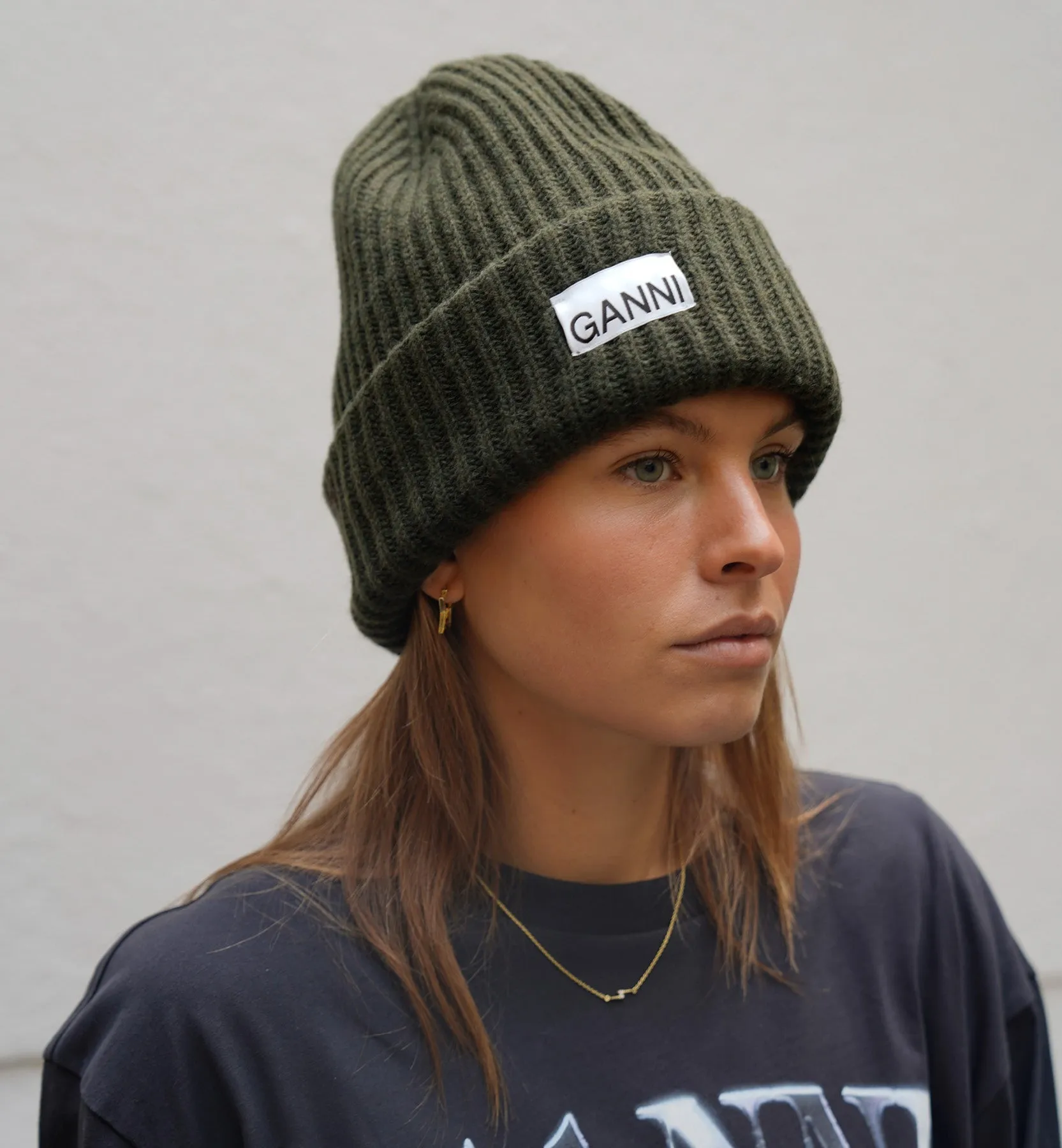 GANNI Green Structured Rib Beanie