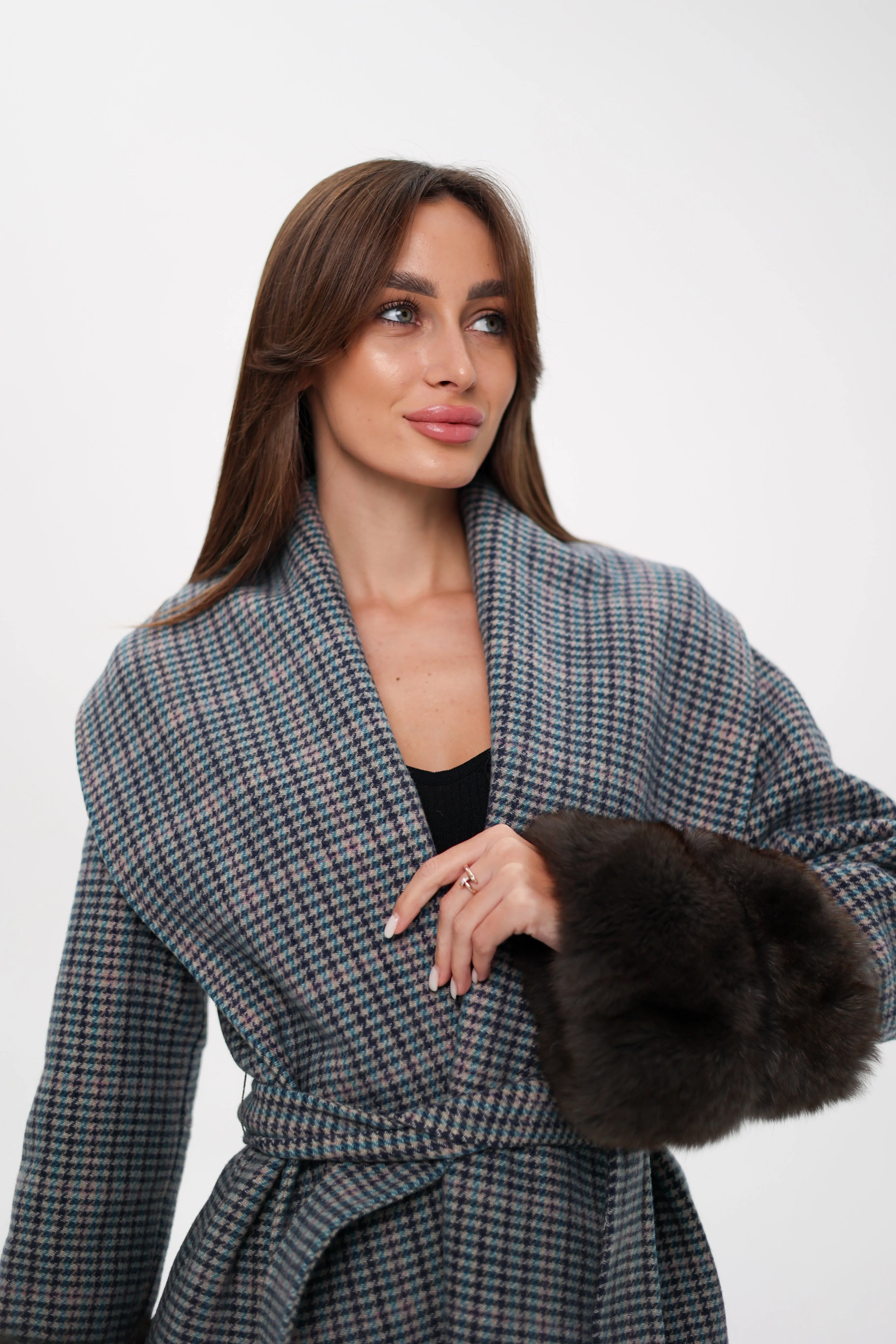 Genuine Polar Fox Fur Virgin Wool Wrap Coat