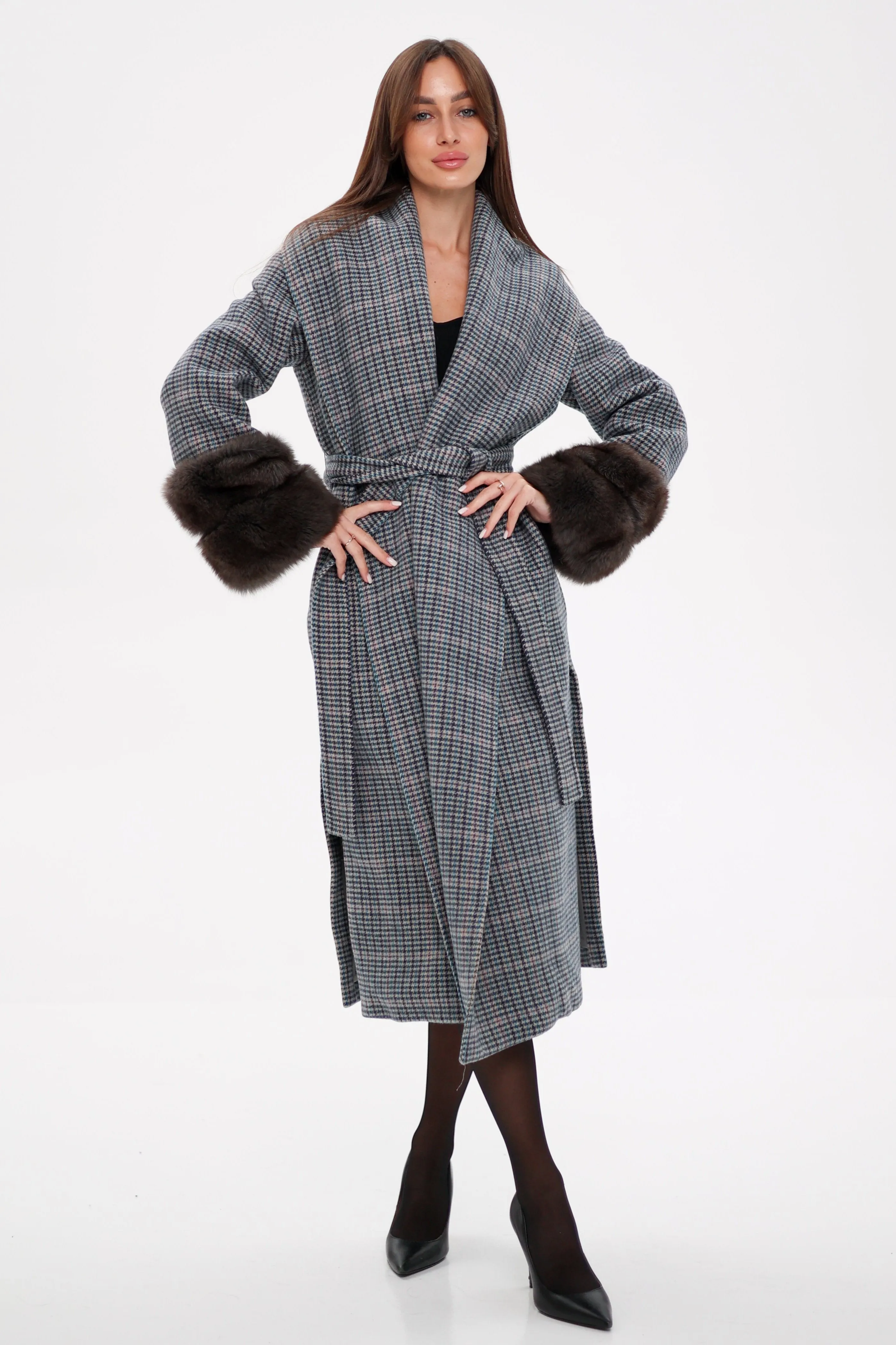 Genuine Polar Fox Fur Virgin Wool Wrap Coat