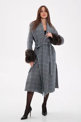 Genuine Polar Fox Fur Virgin Wool Wrap Coat