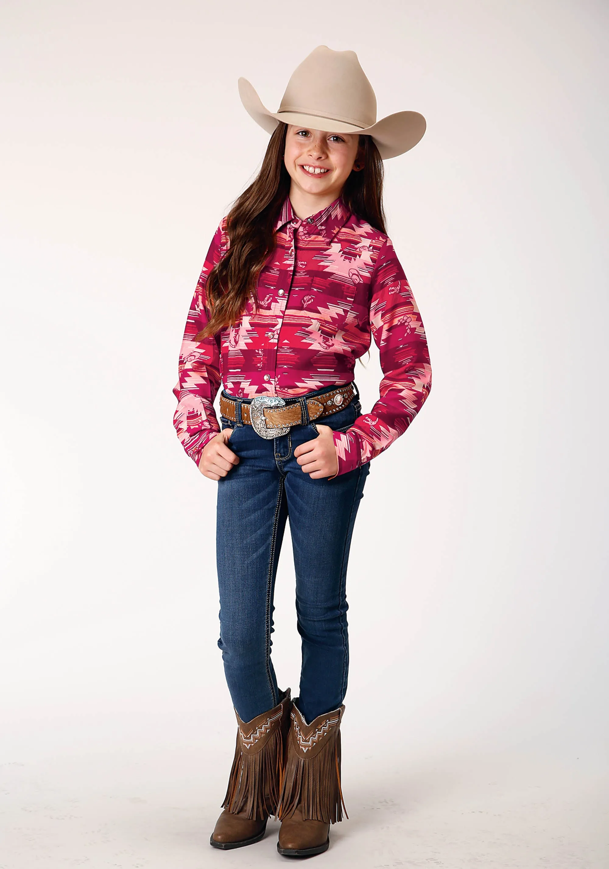 GIRLS LONG SLEEVE SNAP AZTEC PRINT RAYON SHIRT