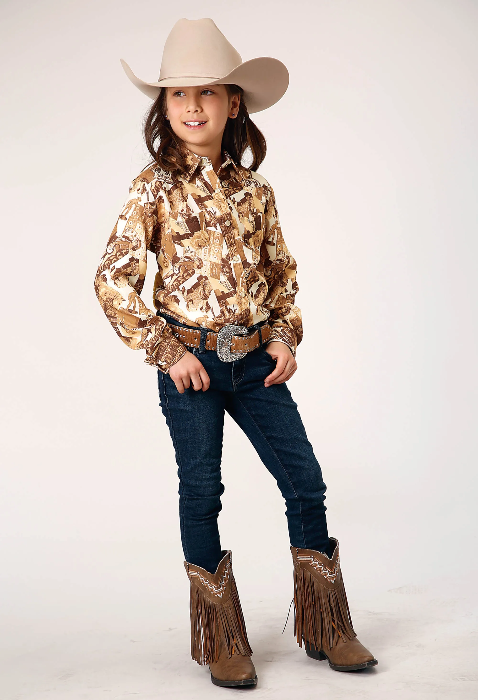 GIRLS LONG SLEEVE SNAP COLLAGE PRINT WESTERN SHIRT