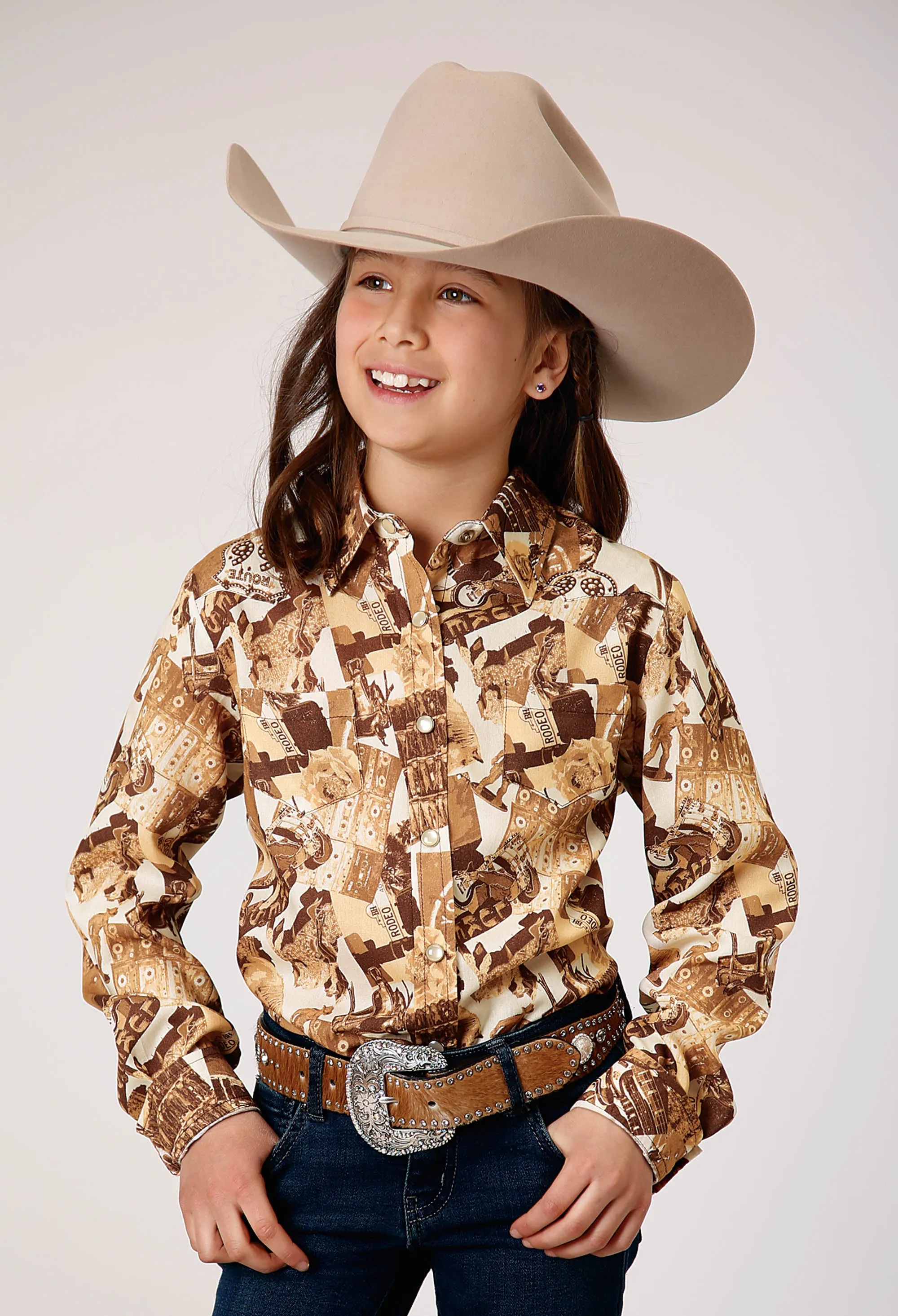 GIRLS LONG SLEEVE SNAP COLLAGE PRINT WESTERN SHIRT