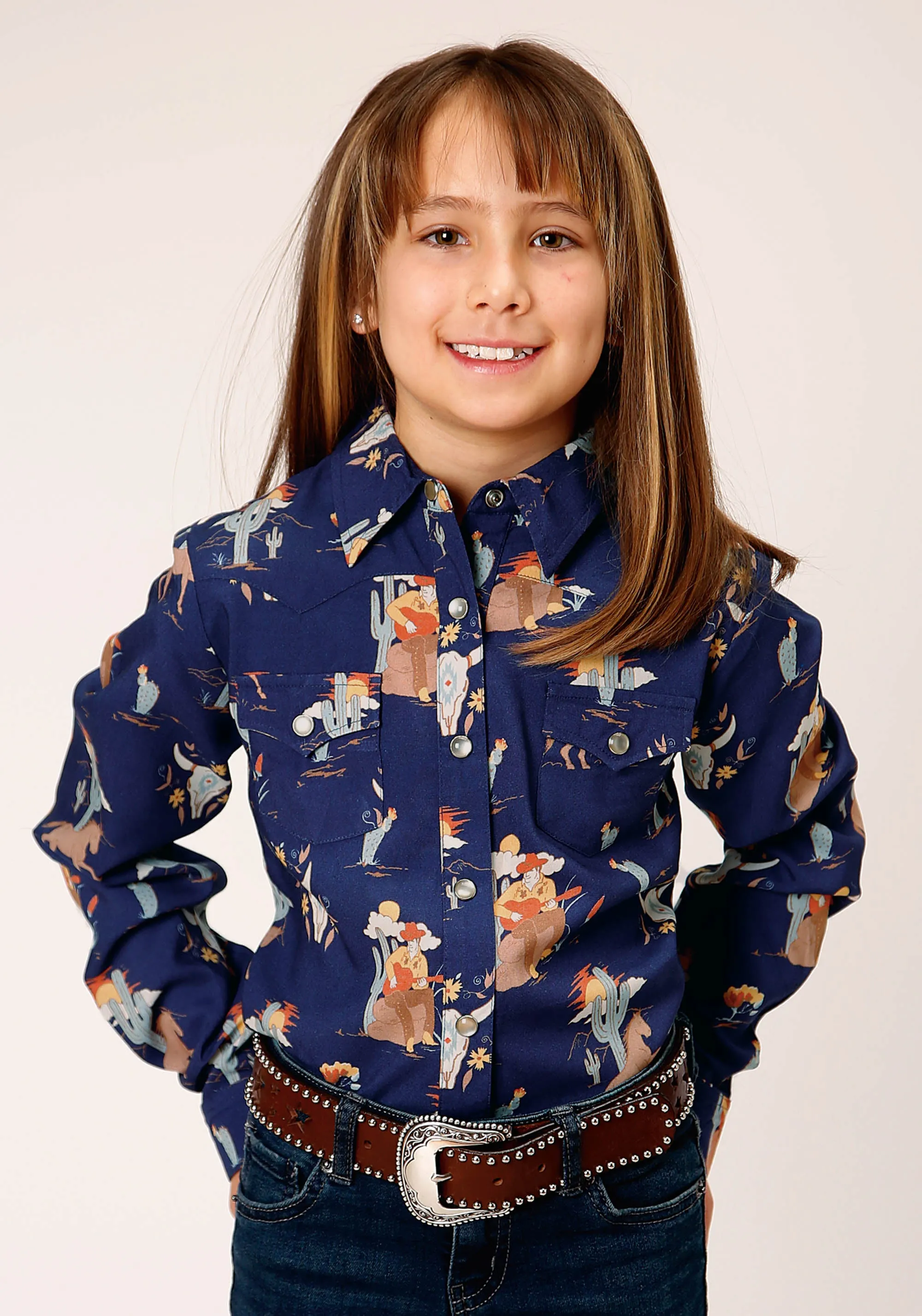 GIRLS LONG SLEEVE SNAP COWBOY TOILE PRINT RAYON WESTERN SHIRT