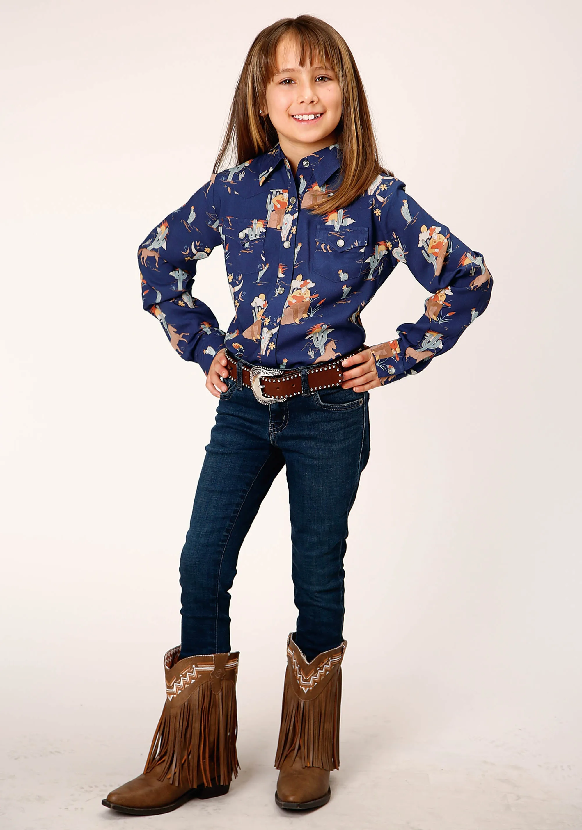 GIRLS LONG SLEEVE SNAP COWBOY TOILE PRINT RAYON WESTERN SHIRT