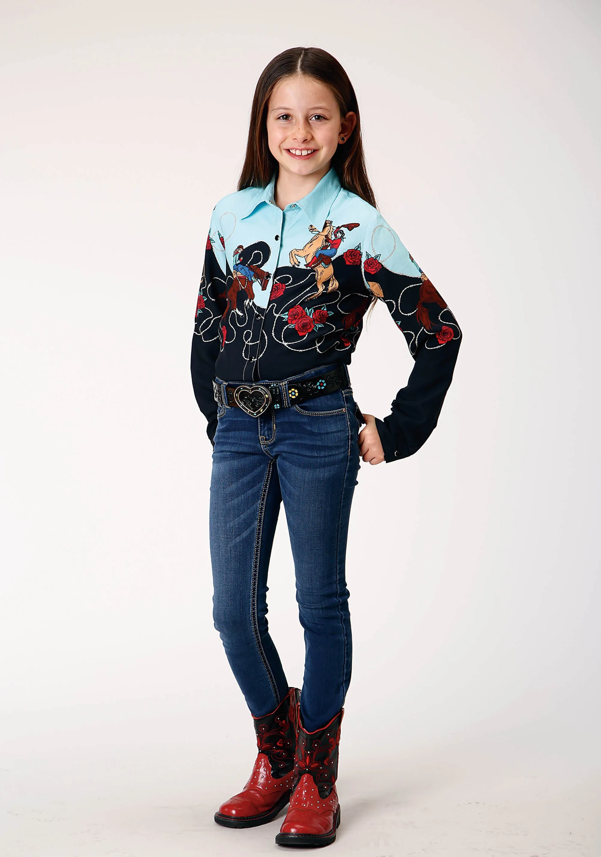 GIRLS LONG SLEEVE SNAP COWGIRL BORDER PRINT RAYON WESTERN SHIRT