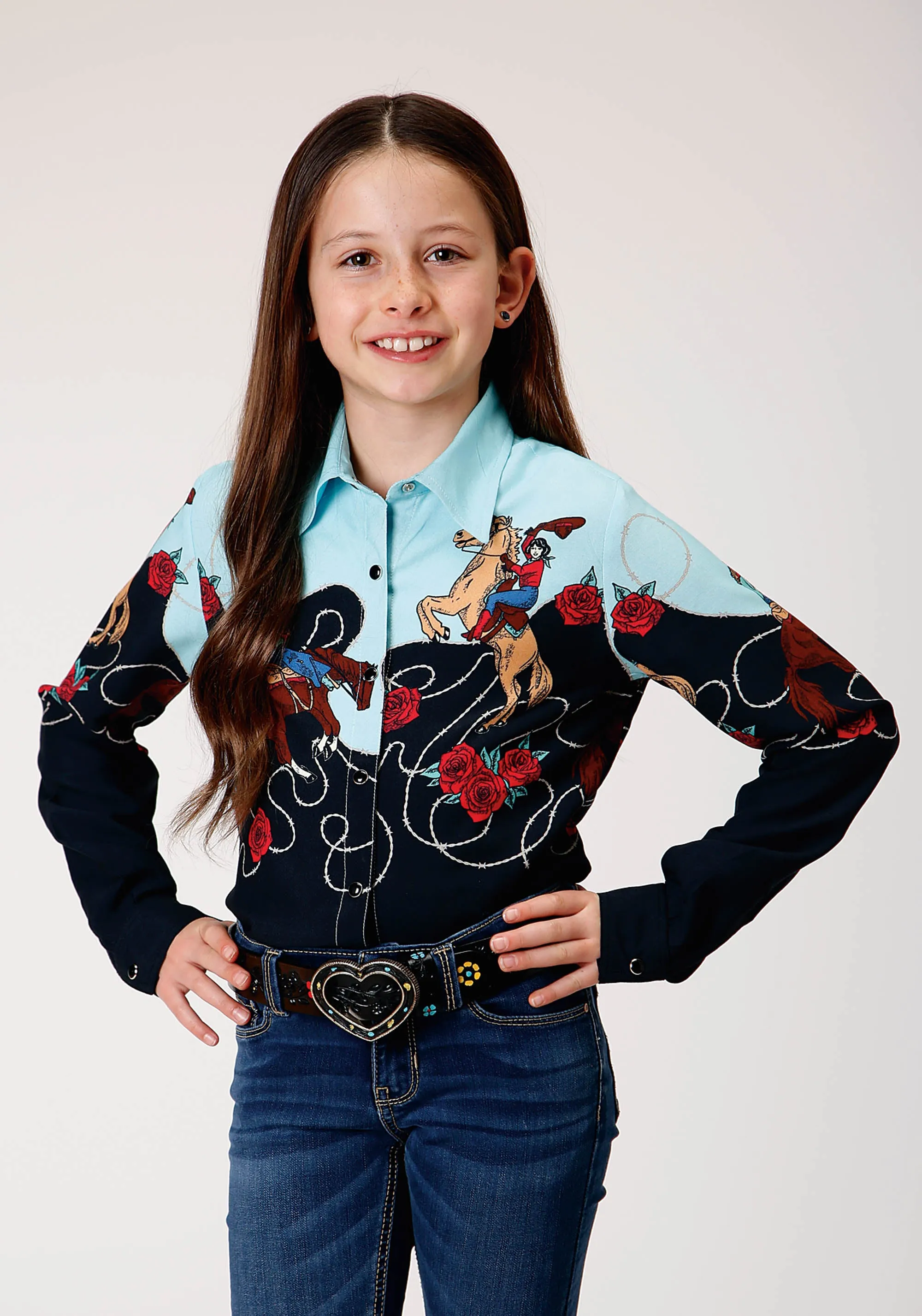 GIRLS LONG SLEEVE SNAP COWGIRL BORDER PRINT RAYON WESTERN SHIRT