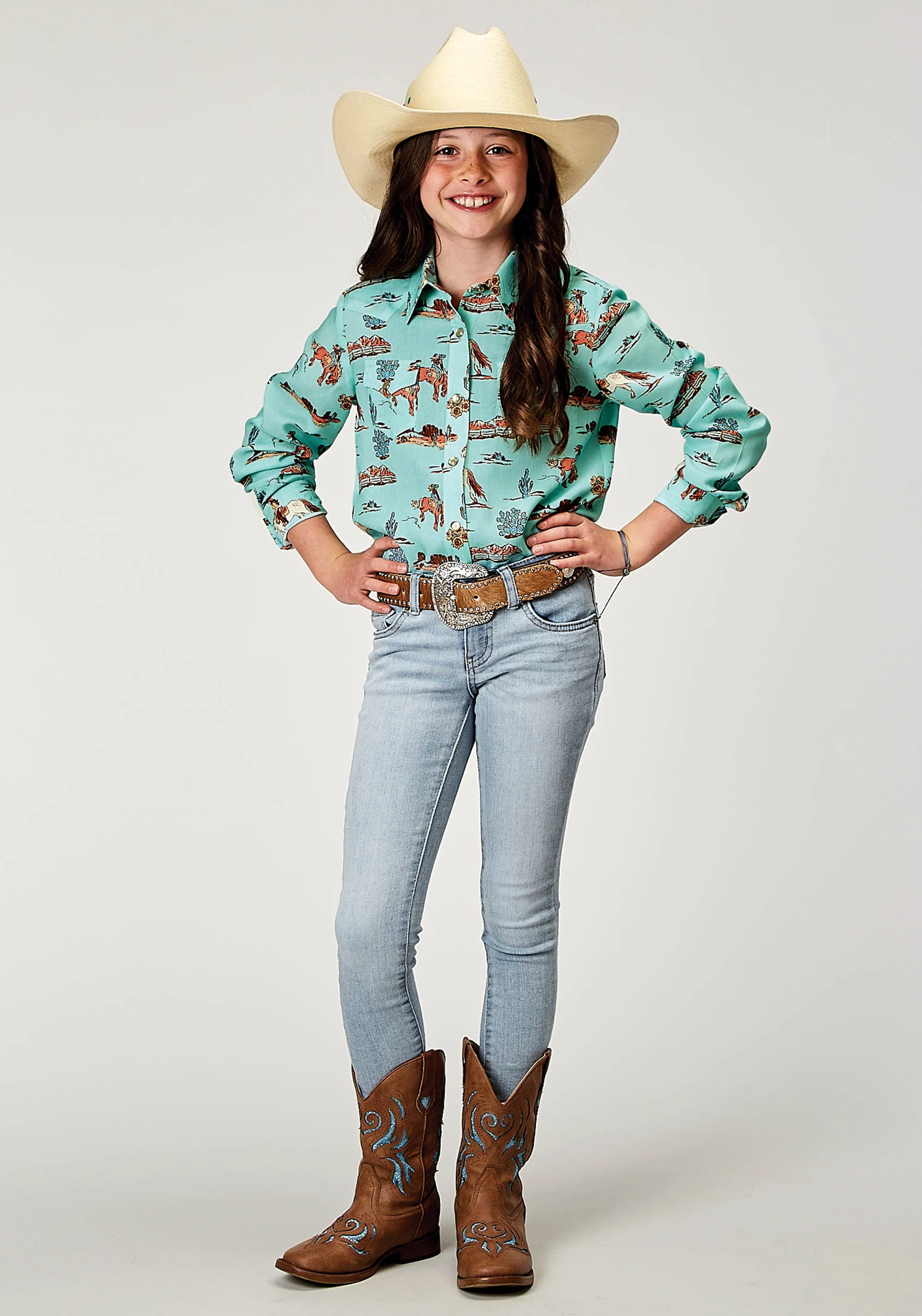 GIRLS LONG SLEEVE SNAP DESERT TOILE PRINT RAYON WESTERN BLOUSE