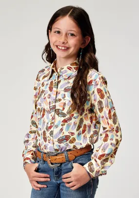 GIRLS LONG SLEEVE SNAP FEATHER TOSS PRINTED RAYON WESTERN BLOUSE