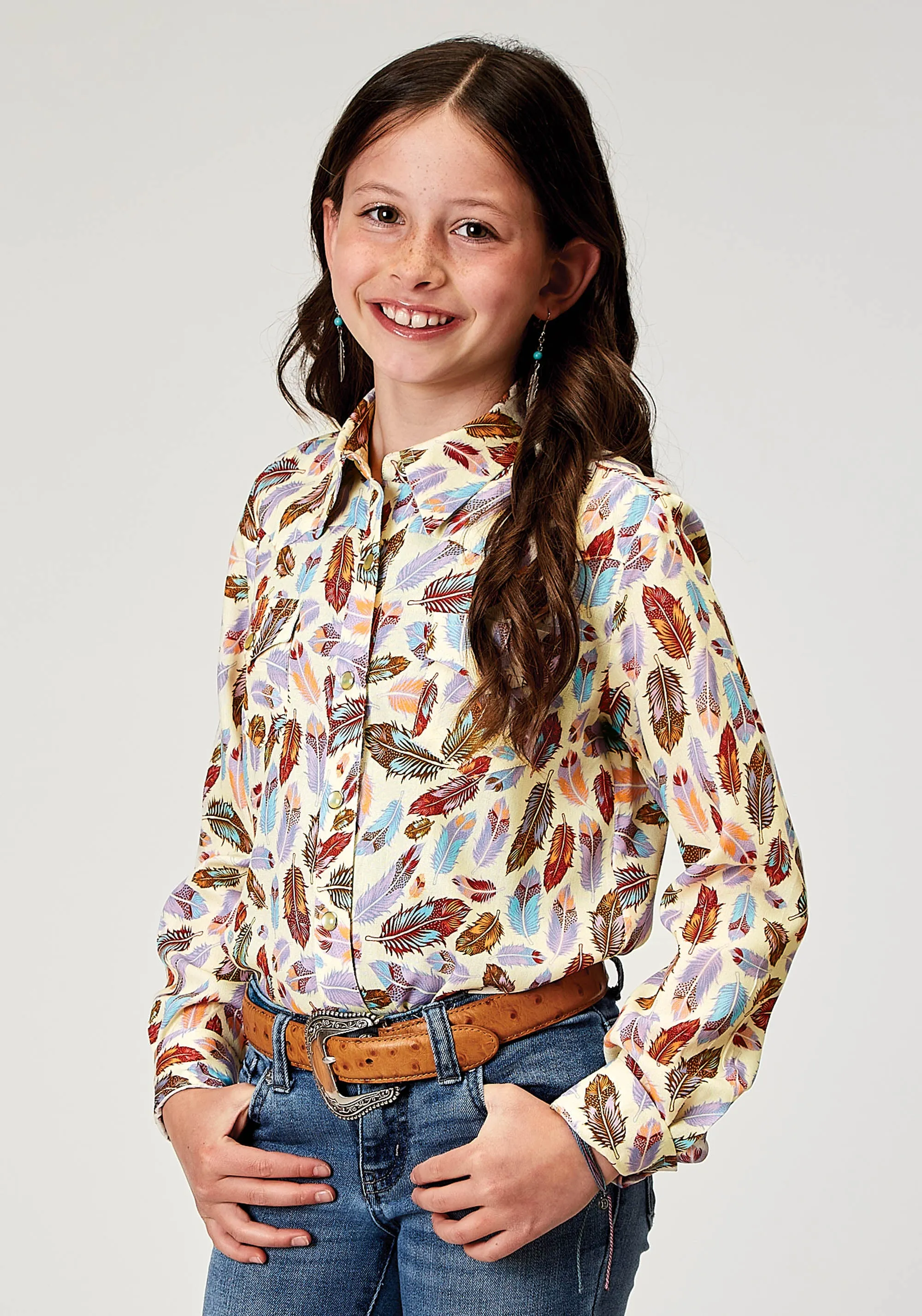 GIRLS LONG SLEEVE SNAP FEATHER TOSS PRINTED RAYON WESTERN BLOUSE