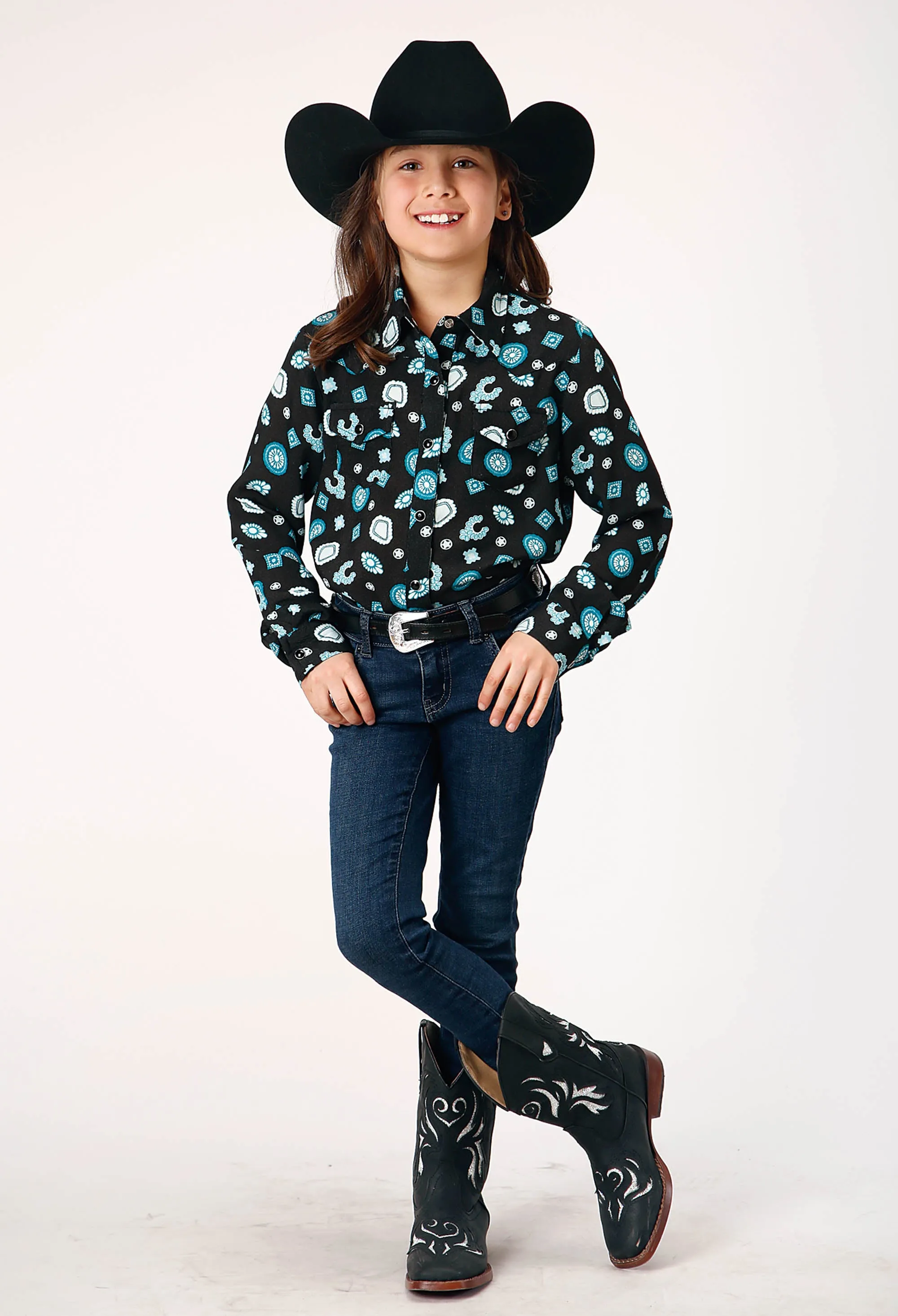 GIRLS LONG SLEEVE SNAP JEWEL PRINT RAYON WESTERN BLOUSE