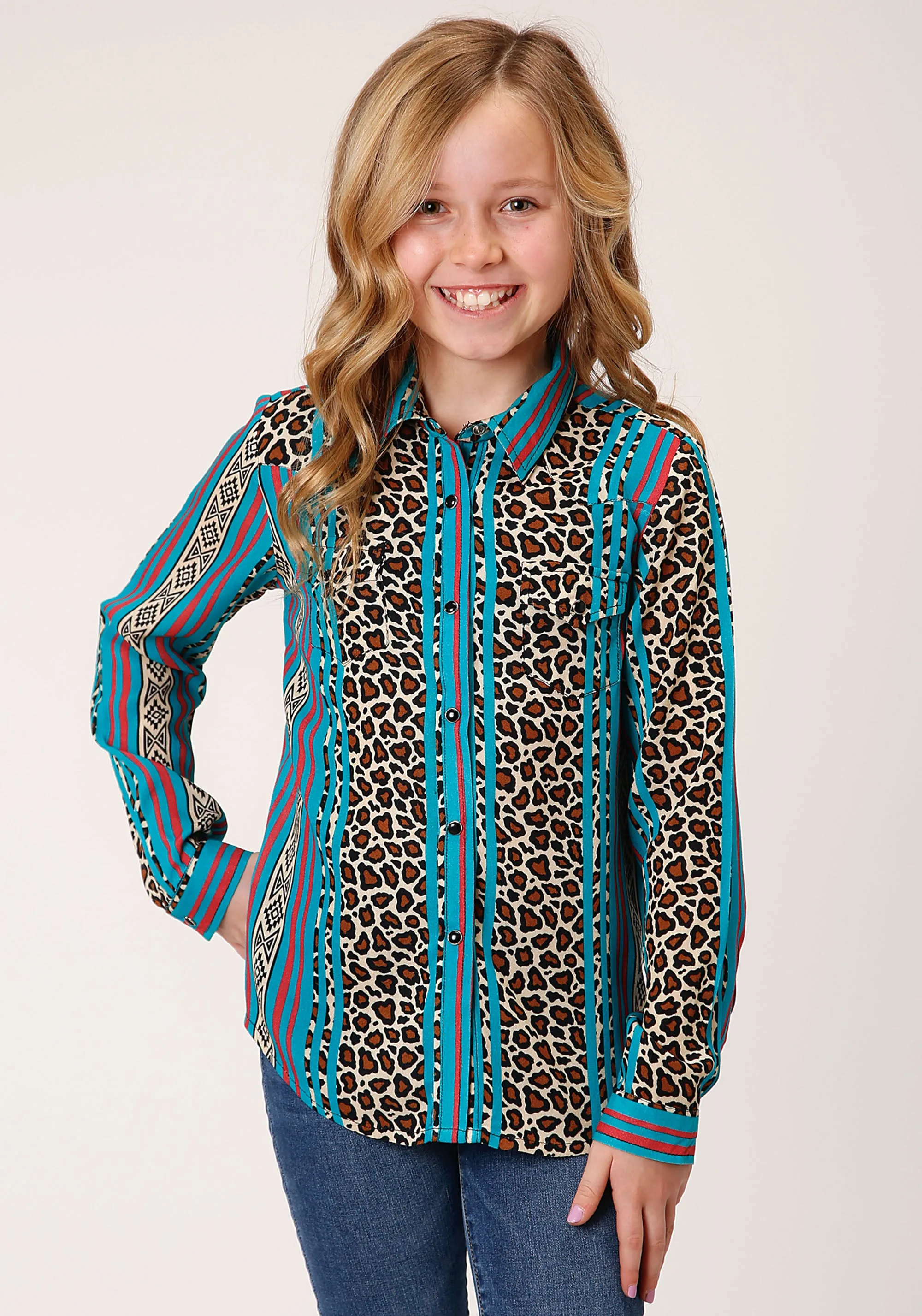 GIRLS LONG SLEEVE SNAP LEOPARD STRIPE PRINT RAYON WESTERN SHIRT