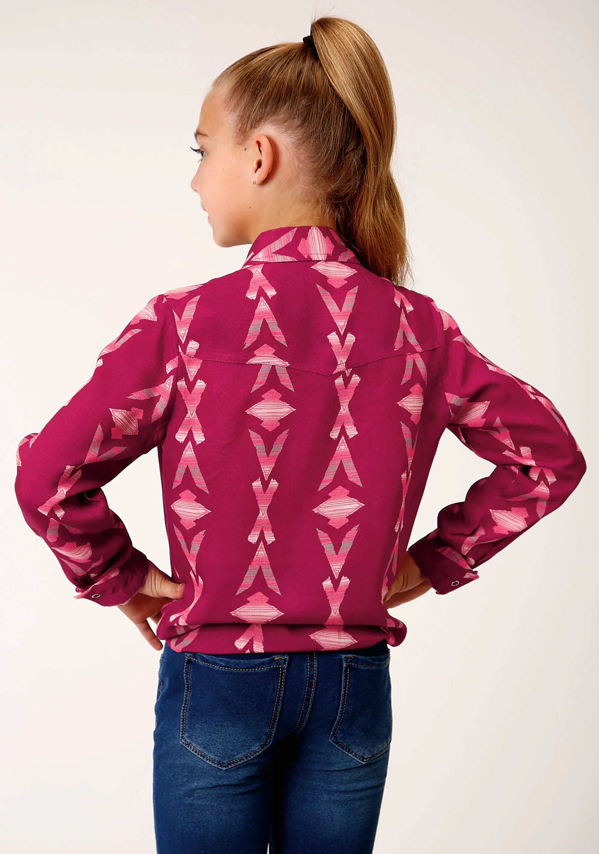 GIRLS LONG SLEEVE SNAP WINE AZTEC PRINT SHIRT