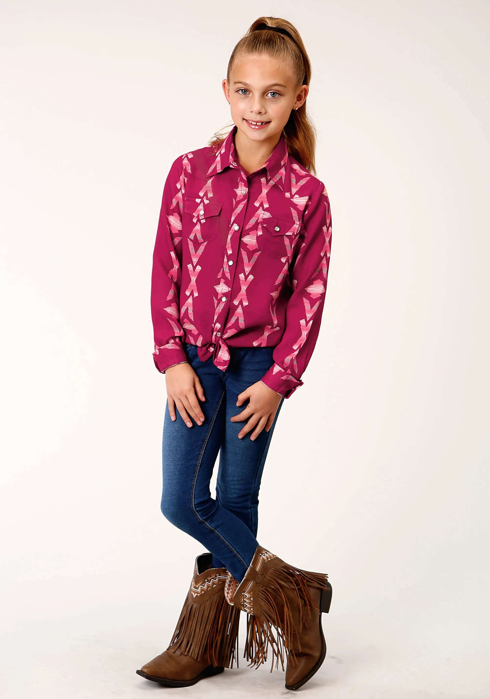 GIRLS LONG SLEEVE SNAP WINE AZTEC PRINT SHIRT