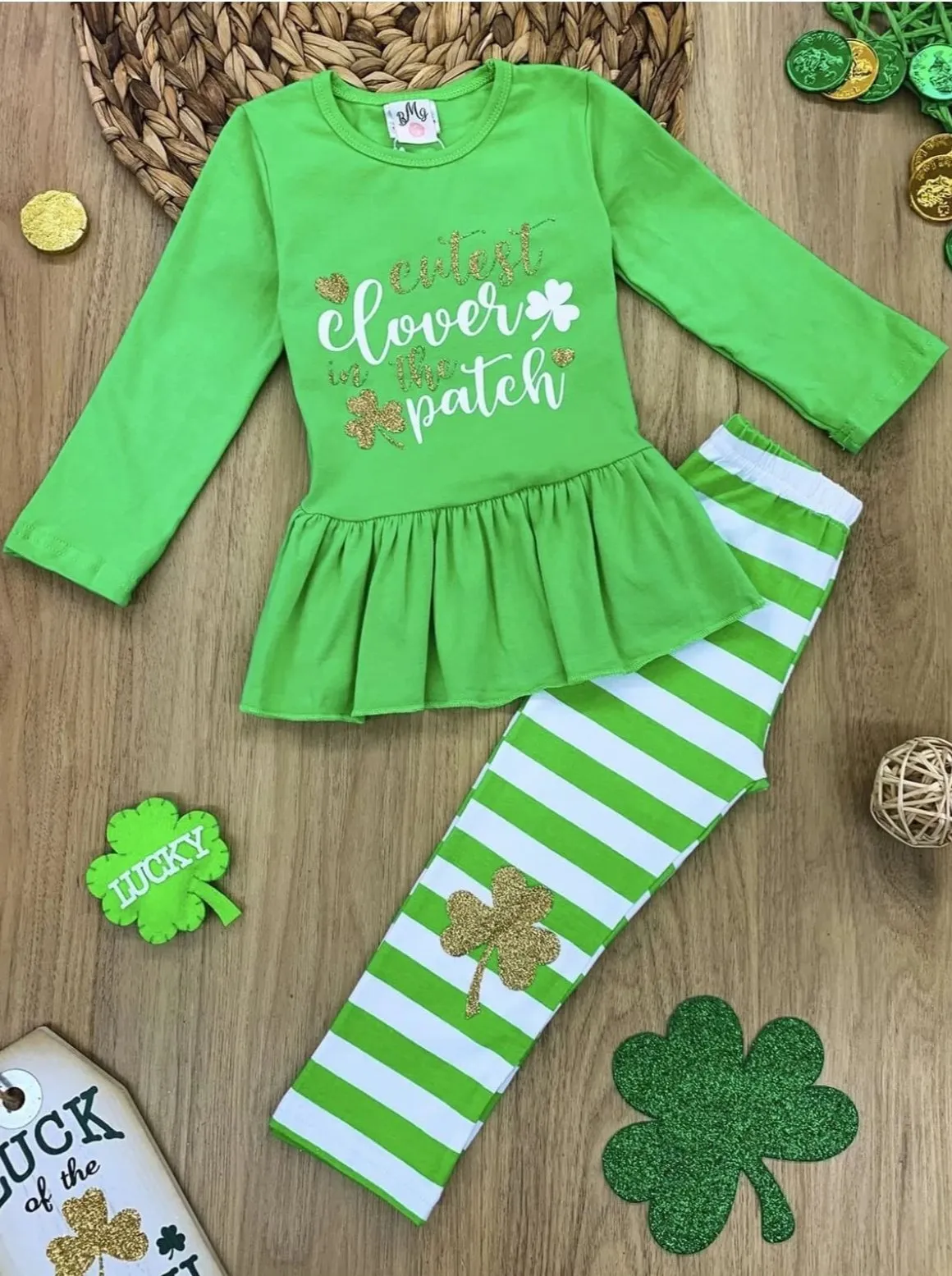 Girls "Cutest Clover in the Patch" Long Sleeve Ruffled Tunic & Striped Sequin Clover Patch Leggings Set