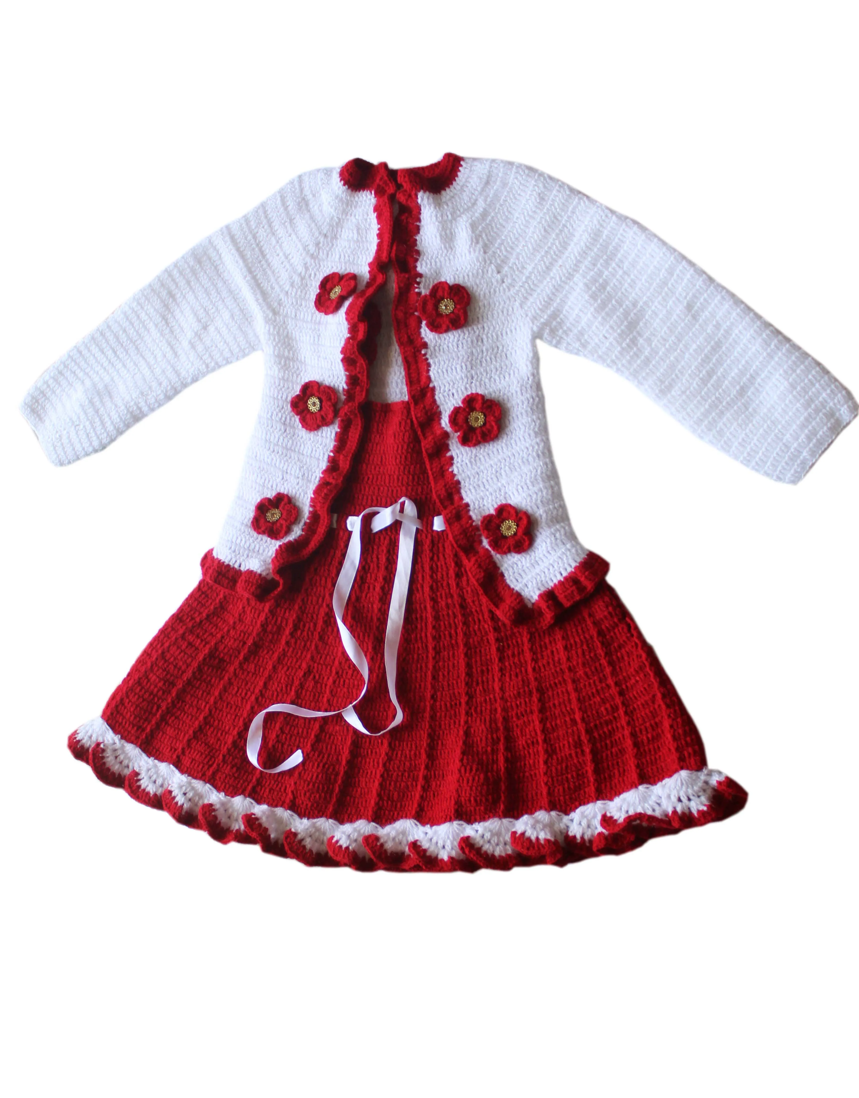 Graminarts Baby Girl's Woolen Handmade Frock with Cap shrug with beanie Maroon and white combination