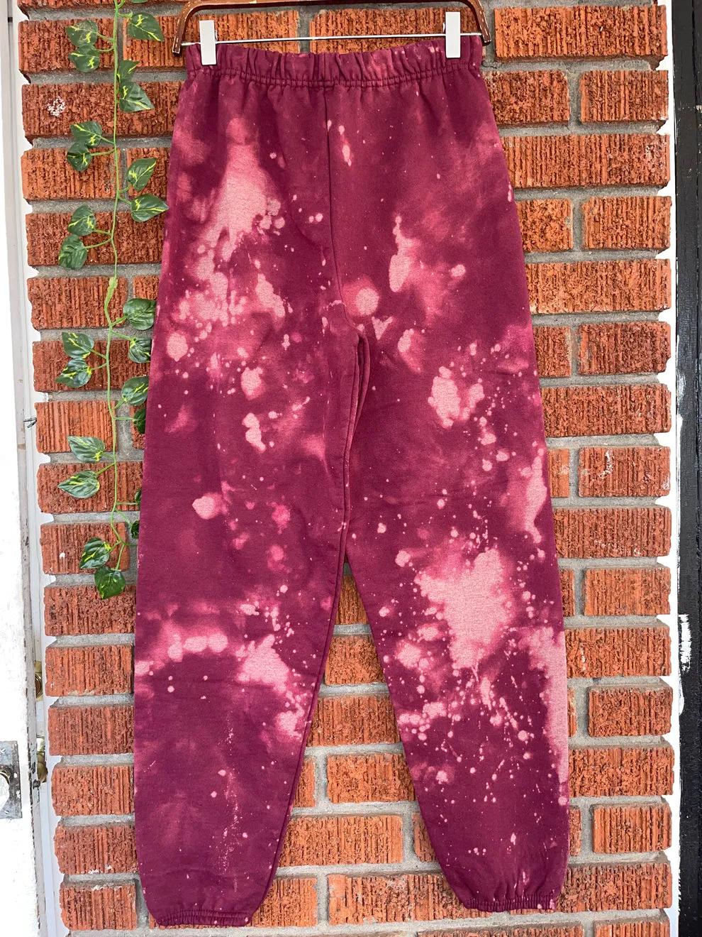 Handmade Drawstring Cuffed Bleached Classic Style Sweat Pants - Maroon