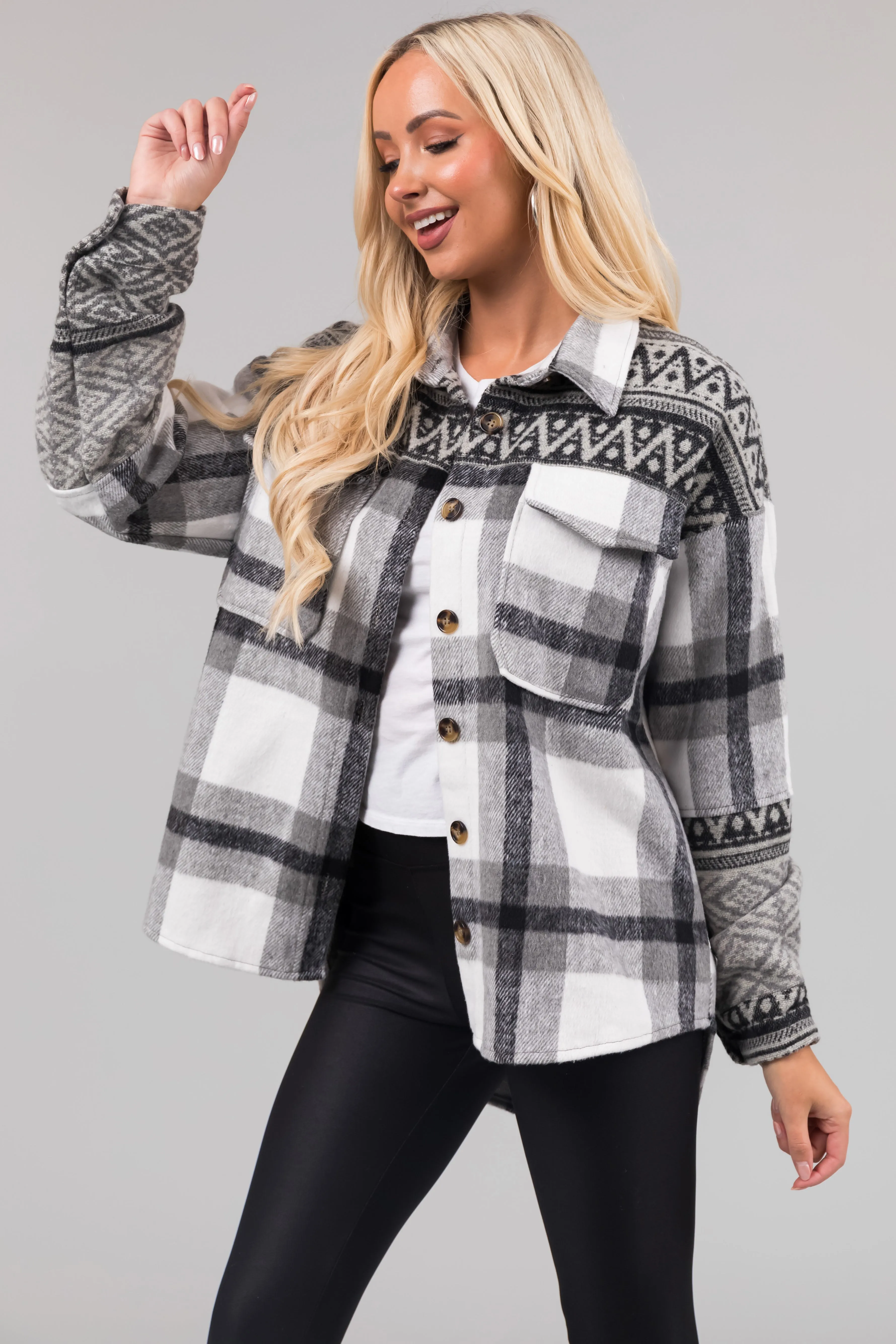 Heather Grey Plaid Shacket with Aztec Print Contrast