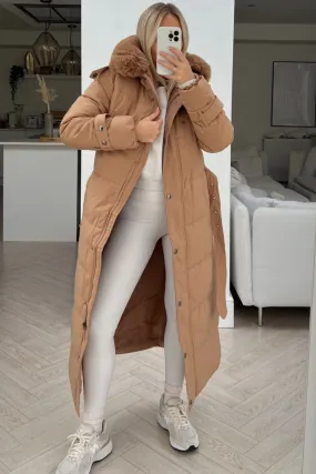 Heidi camel faux fur hooded parka coat