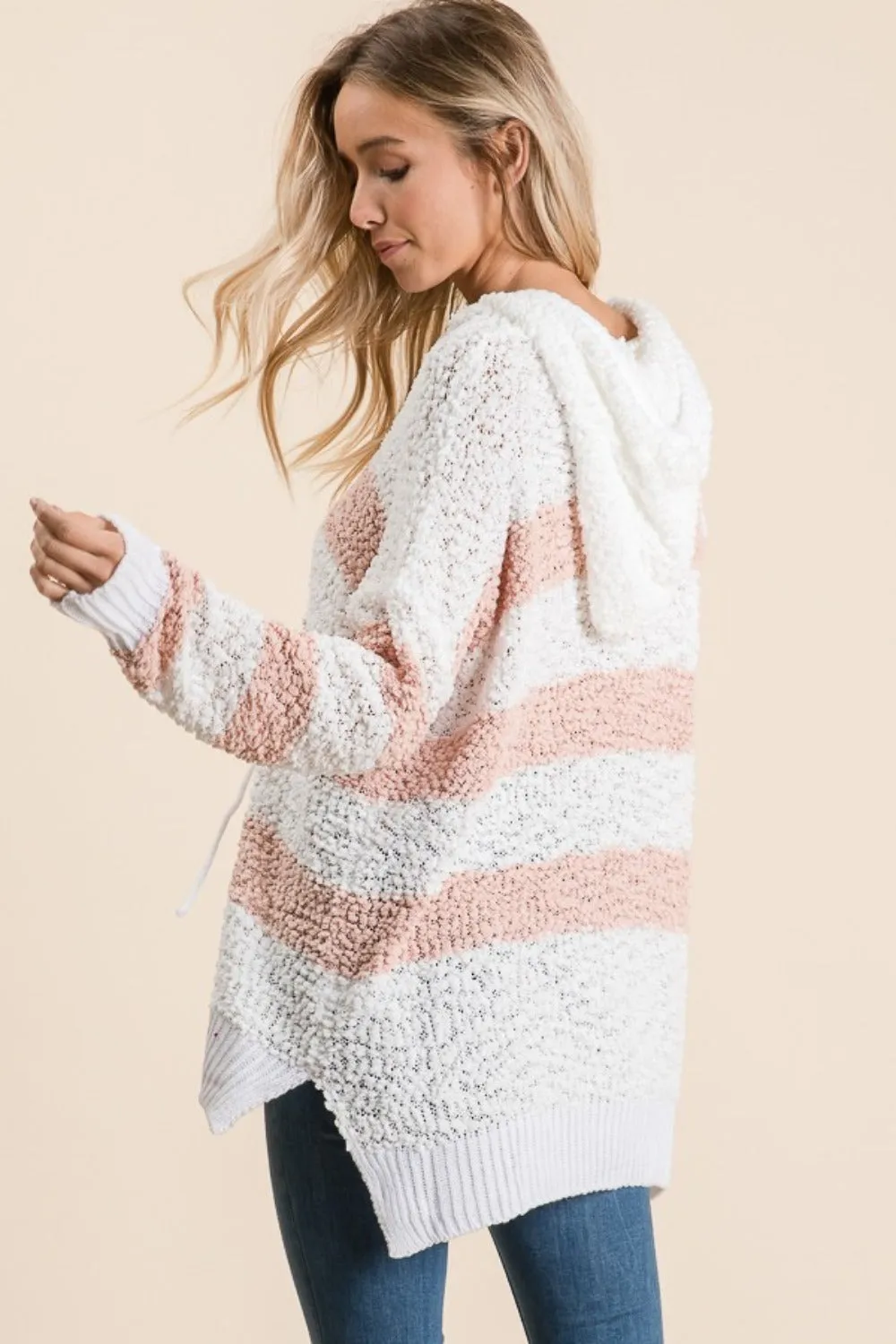 High-Low Striped Popcorn Hoodie Sweater