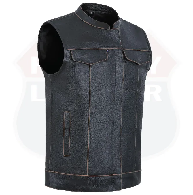 HL11689RB-BROWN RUB BUFF BROWN  Club Leather Motorcycle Vest Men