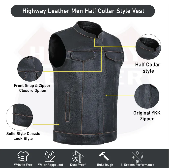 HL11689RB-BROWN RUB BUFF BROWN  Club Leather Motorcycle Vest Men