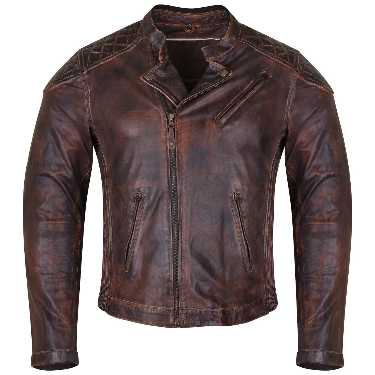 HMM521VB High Mileage Men's Vintage Brown Leather Jacket with Diamond Stitched Shoulders