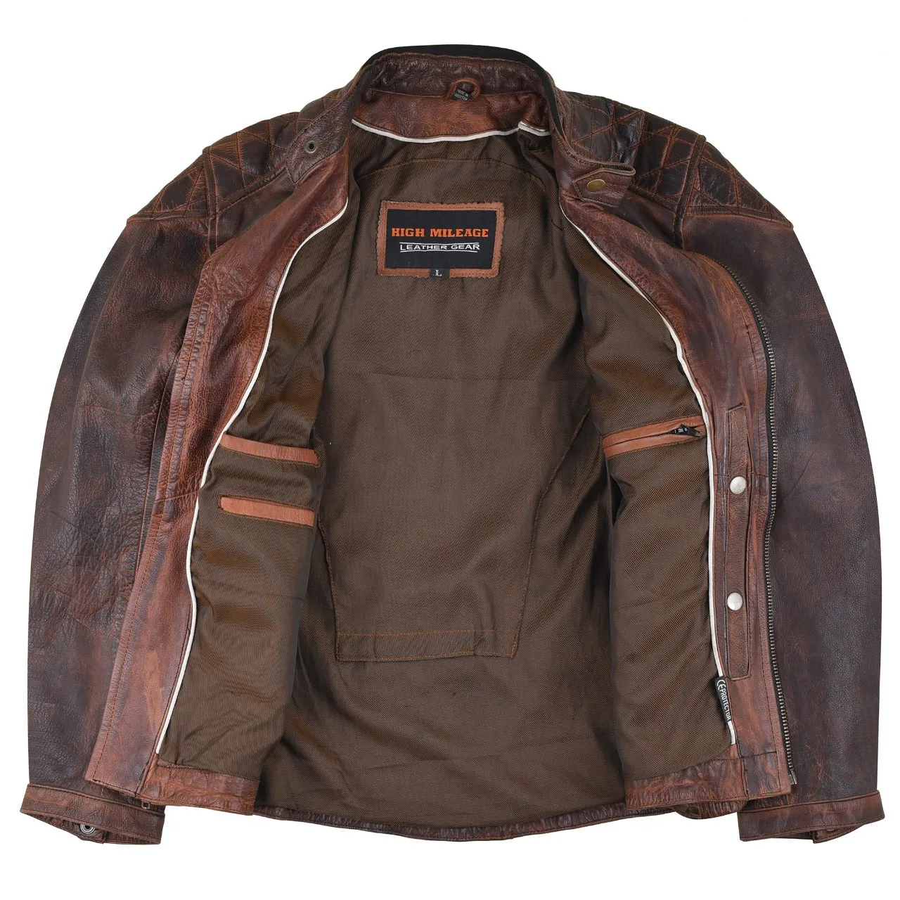 HMM521VB High Mileage Men's Vintage Brown Leather Jacket with Diamond Stitched Shoulders