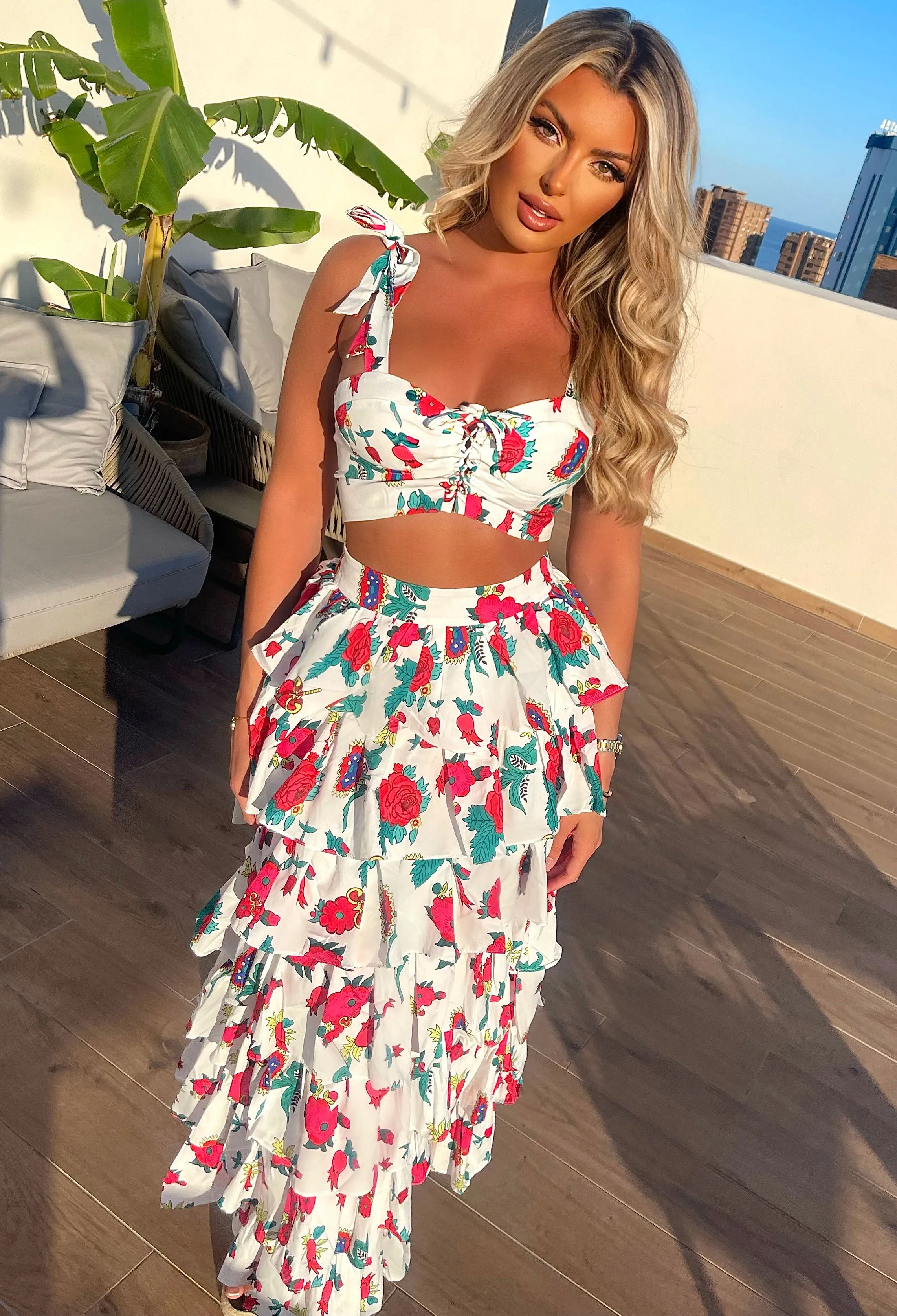 Hola Senorita White Frilled Maxi Skirt Co-Ord