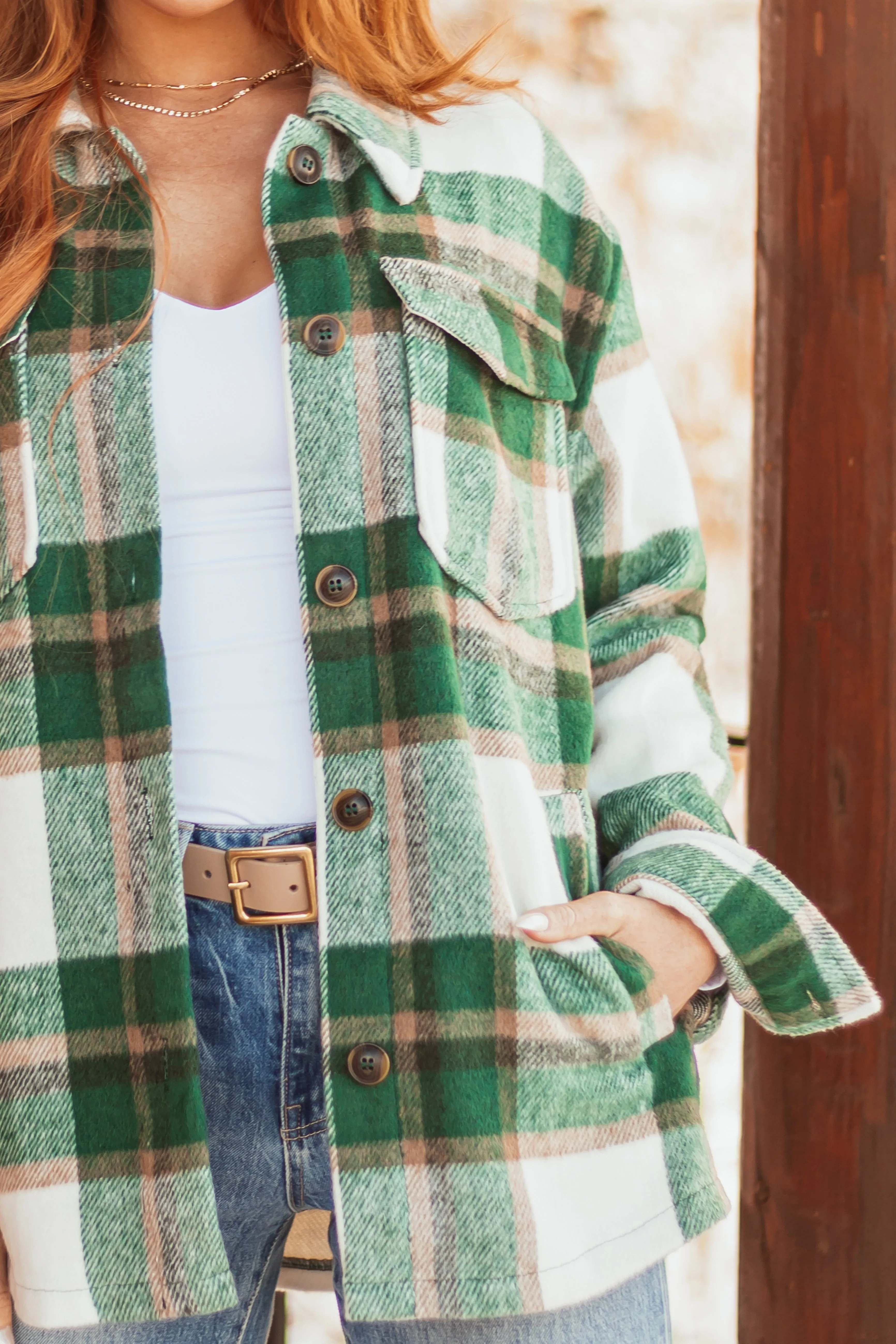 Hunter Green and Ivory Plaid Button Up Shacket