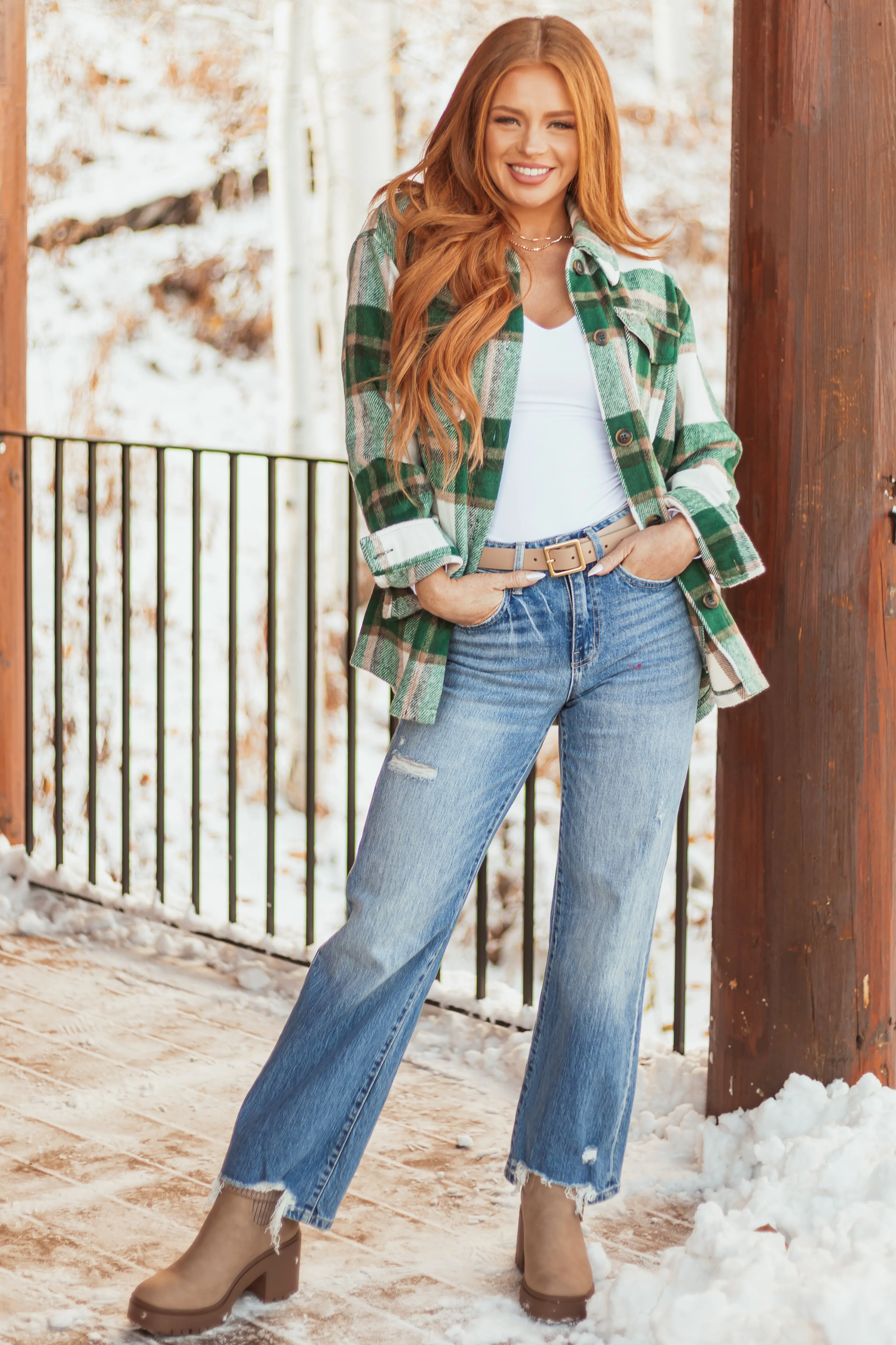 Hunter Green and Ivory Plaid Button Up Shacket