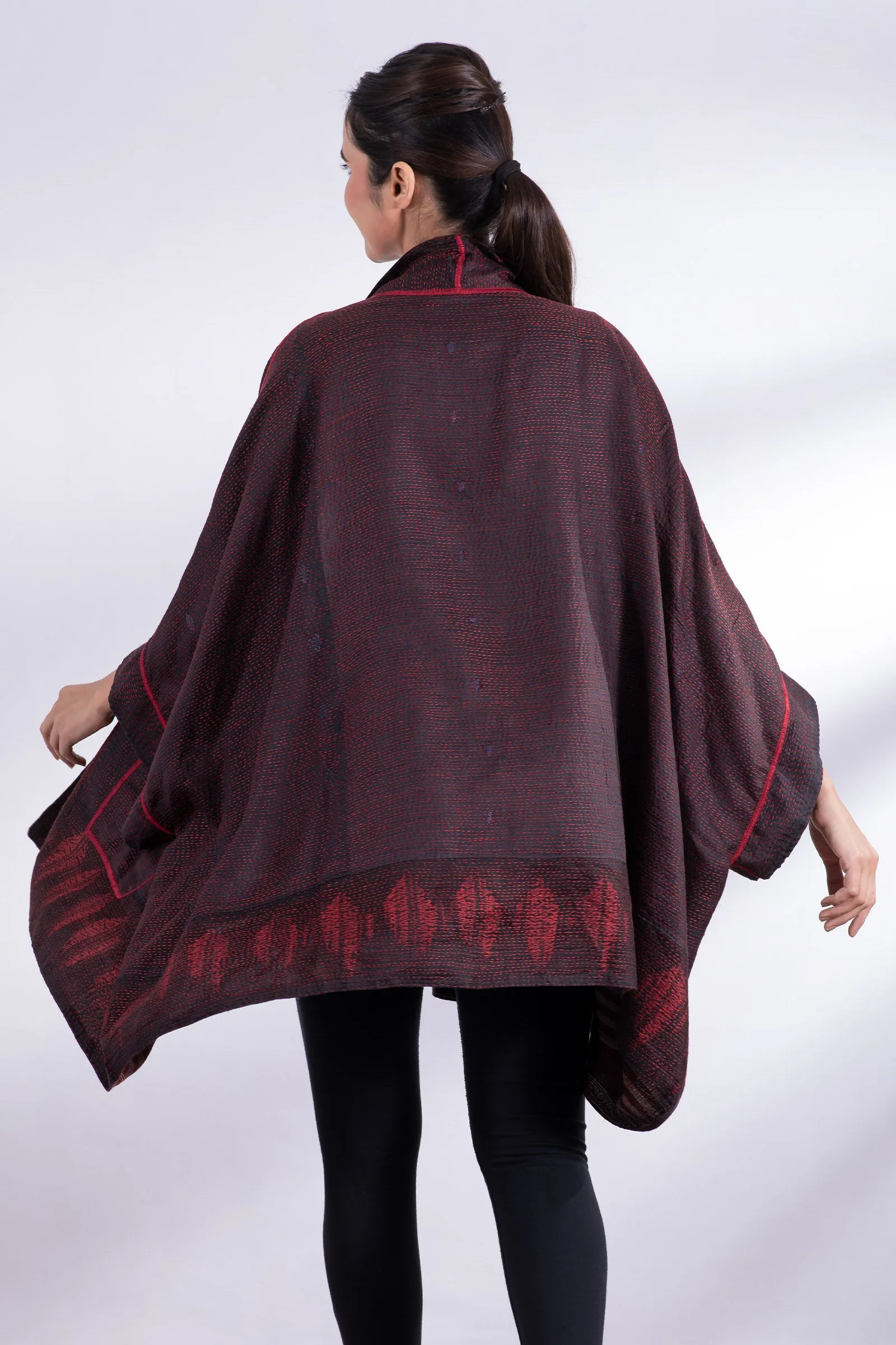 INDONESIAN PRINT & BORDER SHIBORI KANTHA DOUBLE COLLAR PONCHO