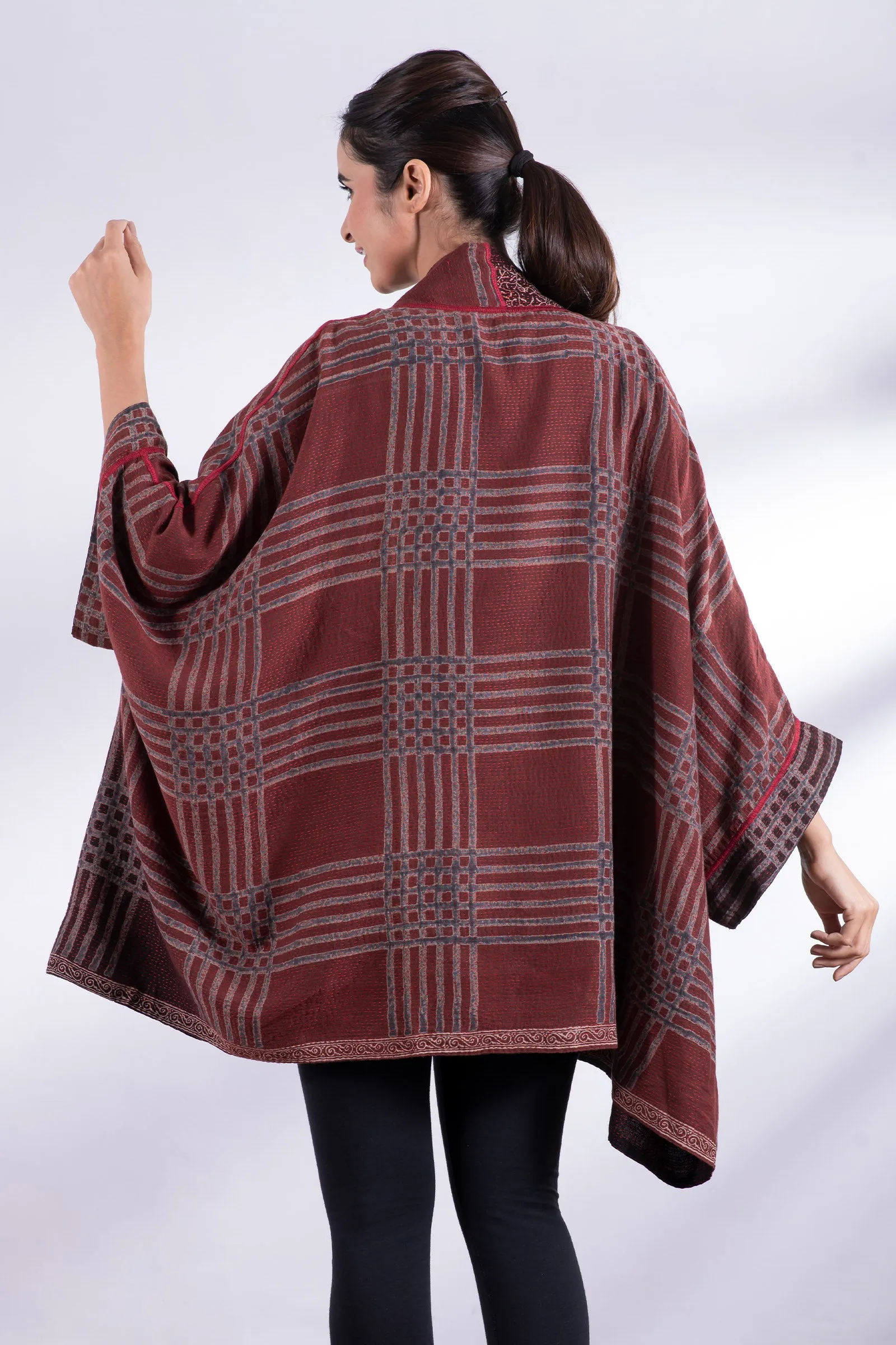 INDONESIAN PRINT & BORDER SHIBORI KANTHA DOUBLE COLLAR PONCHO