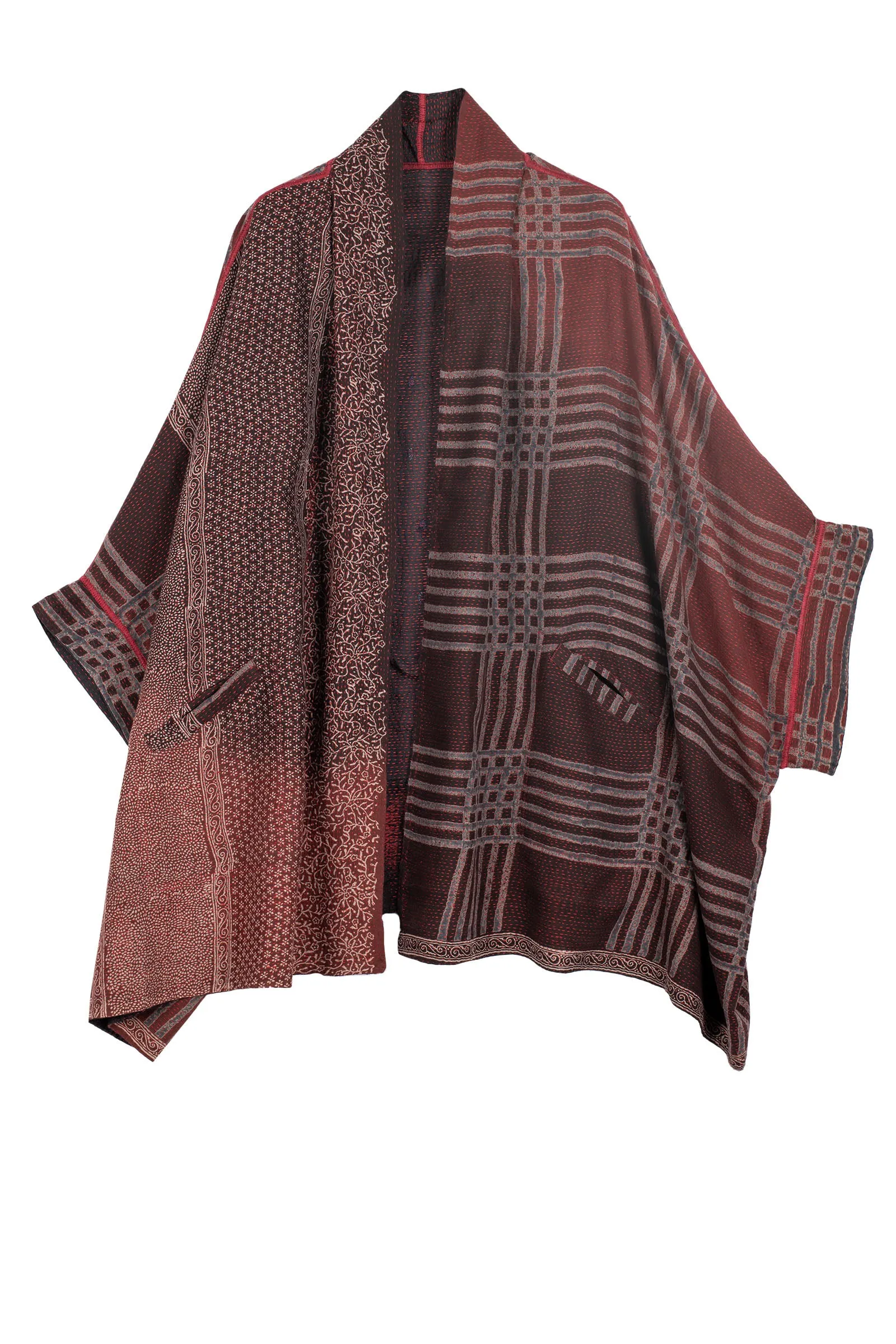 INDONESIAN PRINT & BORDER SHIBORI KANTHA DOUBLE COLLAR PONCHO