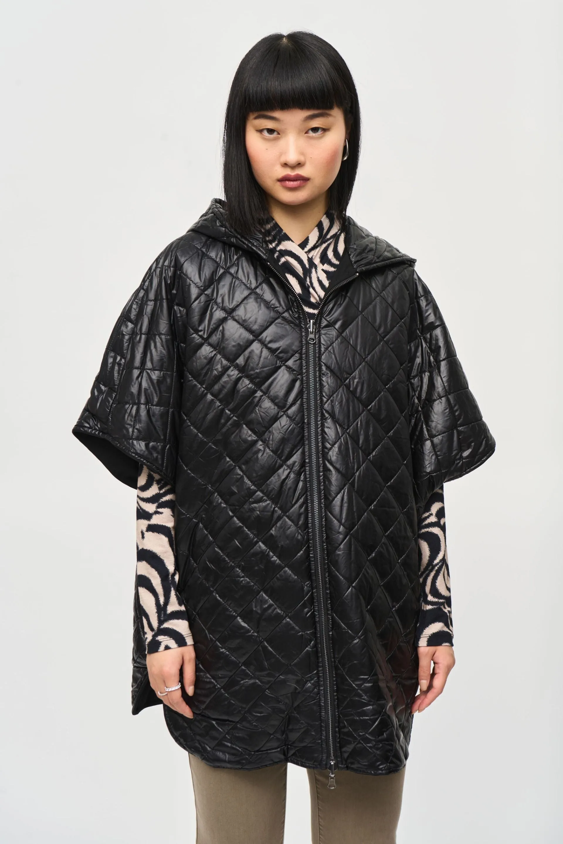 Joseph Ribkoff Black Reversible Hooded Puffer Cape 243906