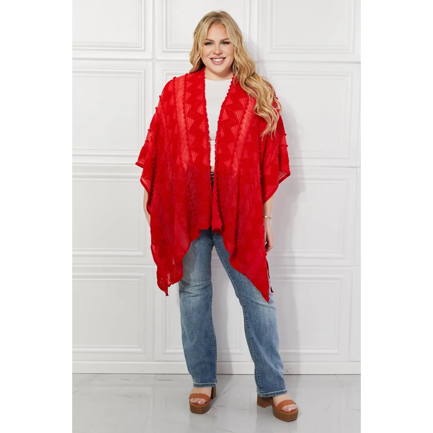 Justin Taylor Pom-Pom Asymmetrical Poncho Cardigan in Red