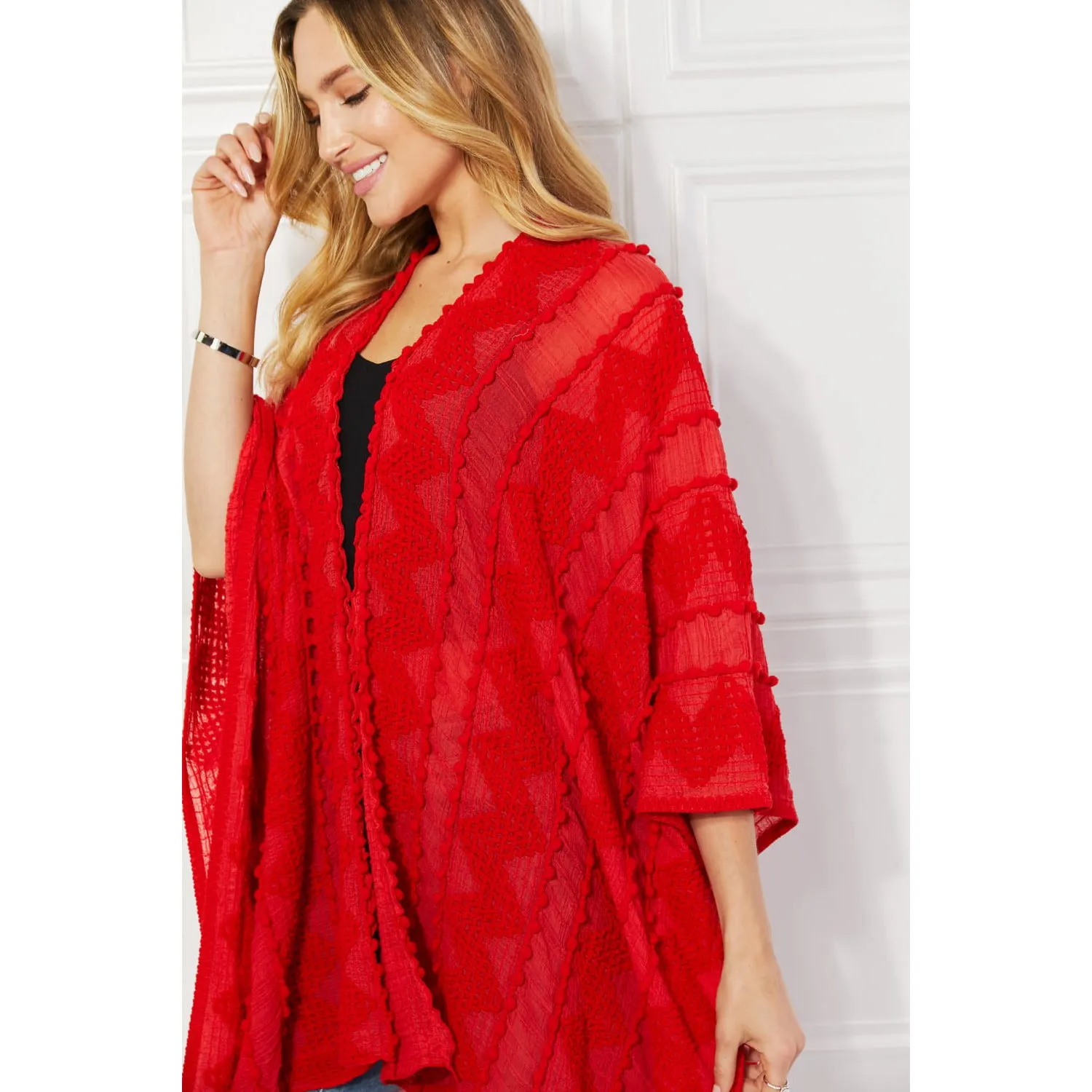 Justin Taylor Pom-Pom Asymmetrical Poncho Cardigan in Red