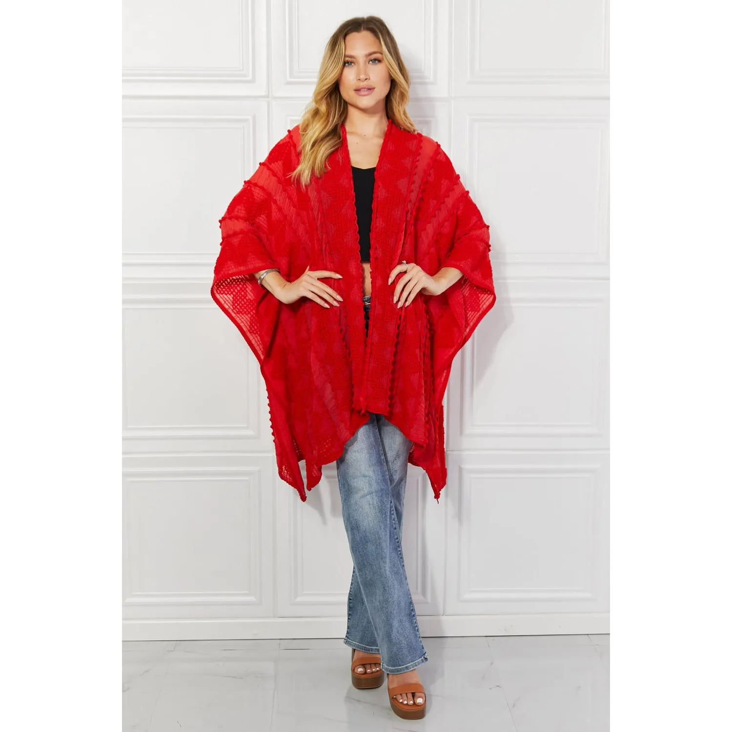 Justin Taylor Pom-Pom Asymmetrical Poncho Cardigan in Red