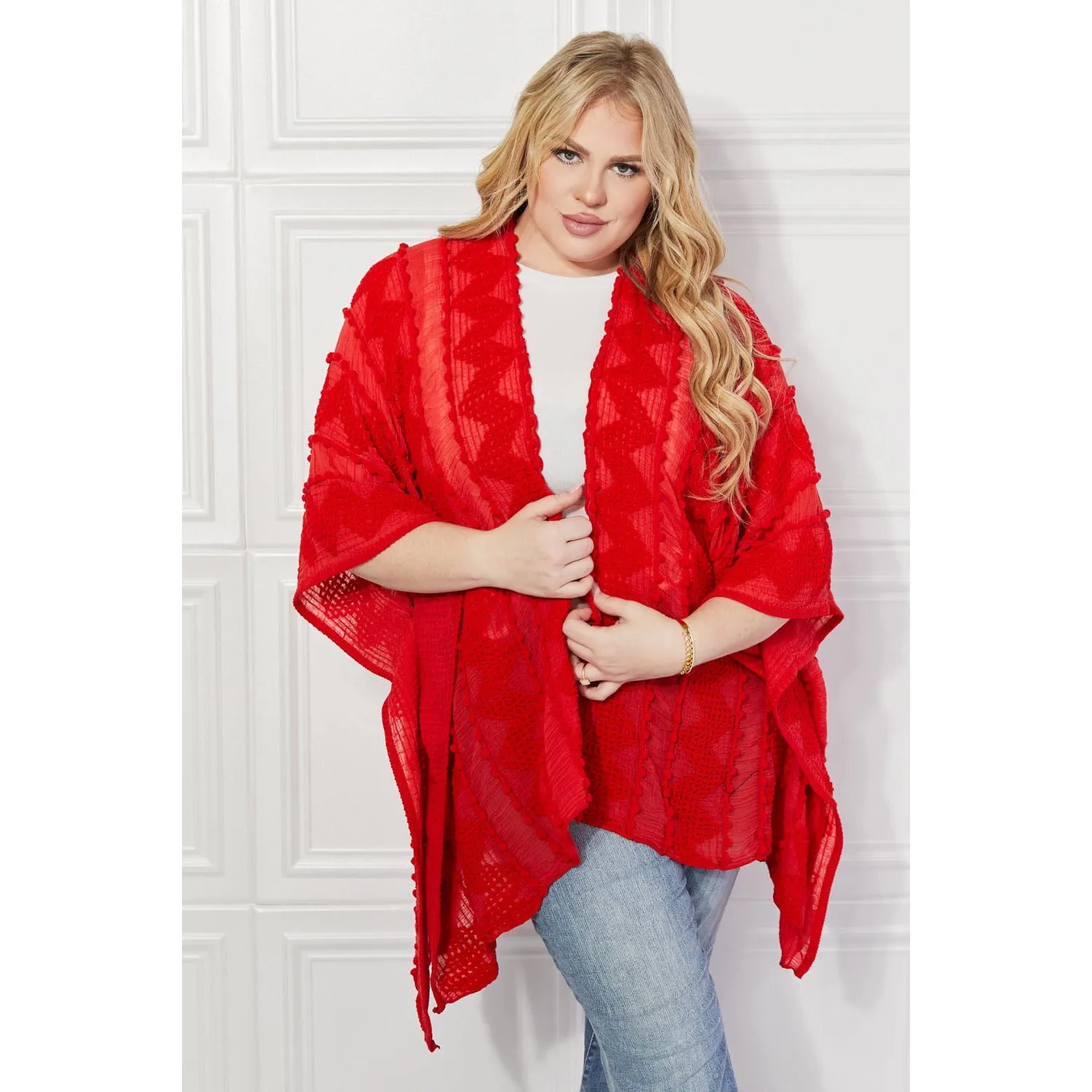 Justin Taylor Pom-Pom Asymmetrical Poncho Cardigan in Red