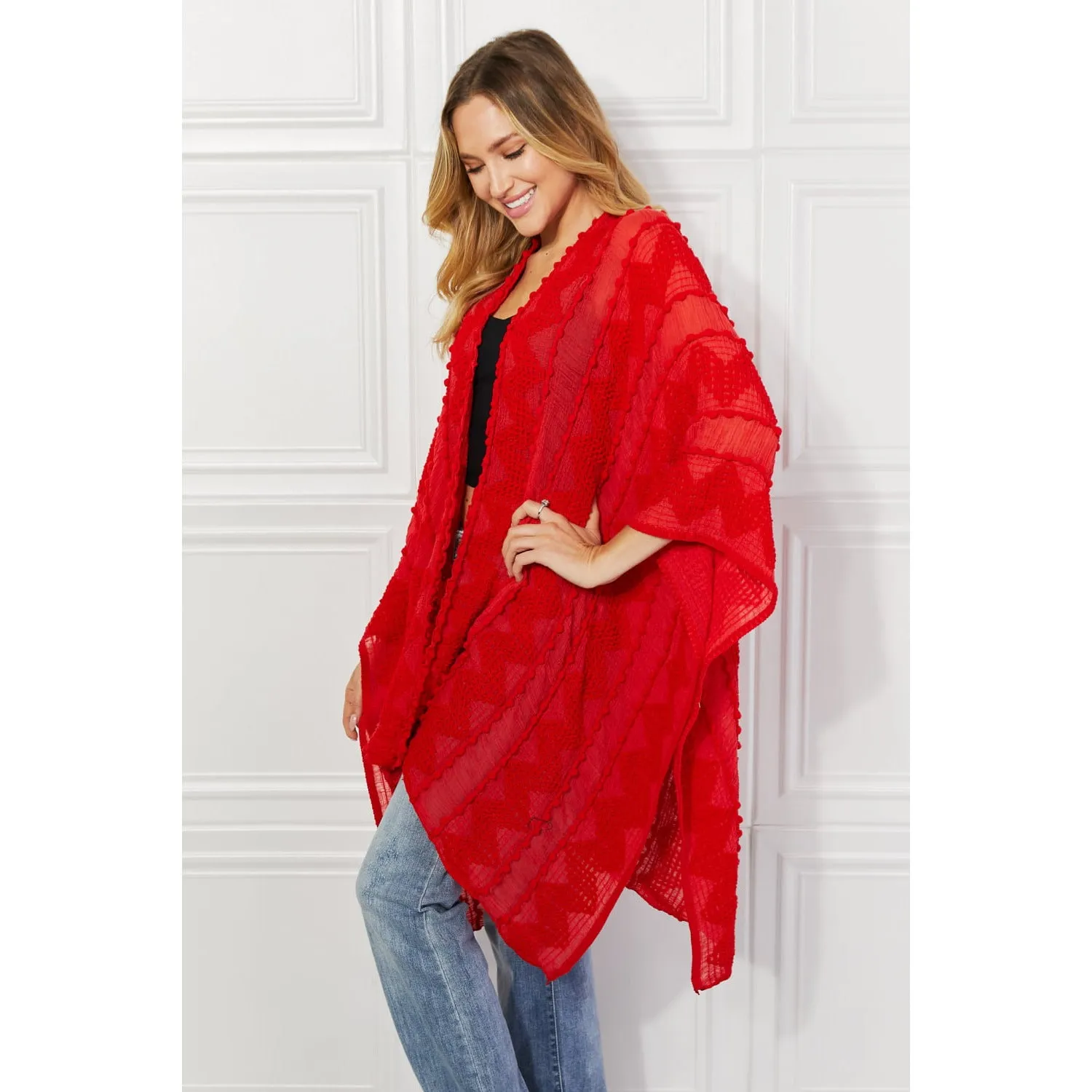 Justin Taylor Pom-Pom Asymmetrical Poncho Cardigan in Red