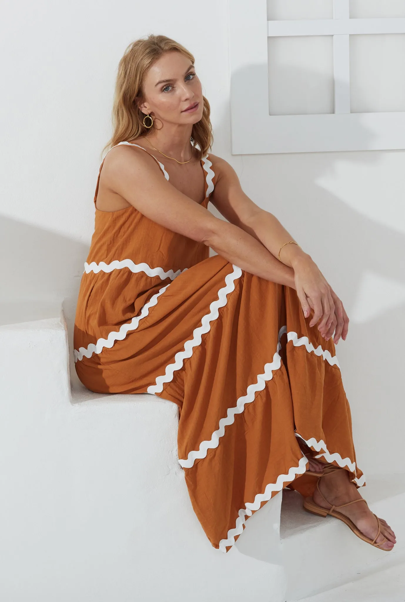 Kalliope Tan White Ric Rac Tiered Maxi Dress