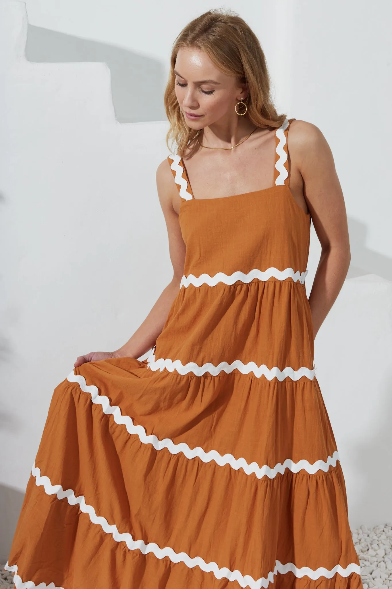 Kalliope Tan White Ric Rac Tiered Maxi Dress