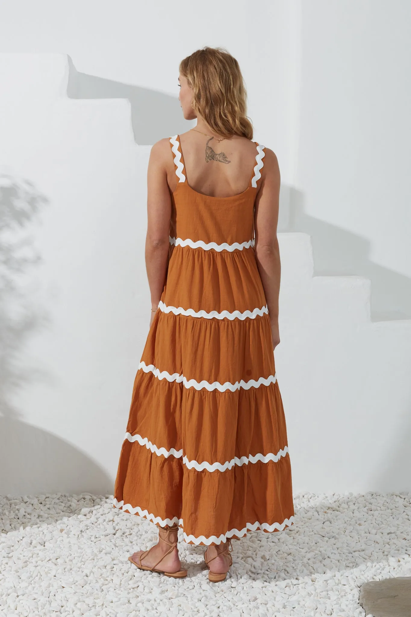 Kalliope Tan White Ric Rac Tiered Maxi Dress