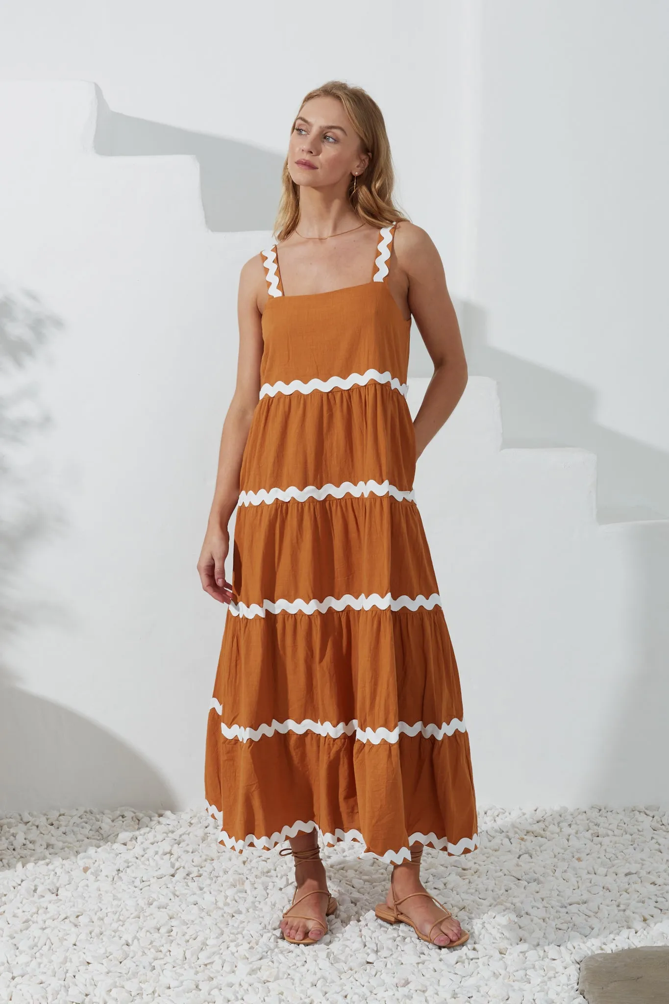 Kalliope Tan White Ric Rac Tiered Maxi Dress