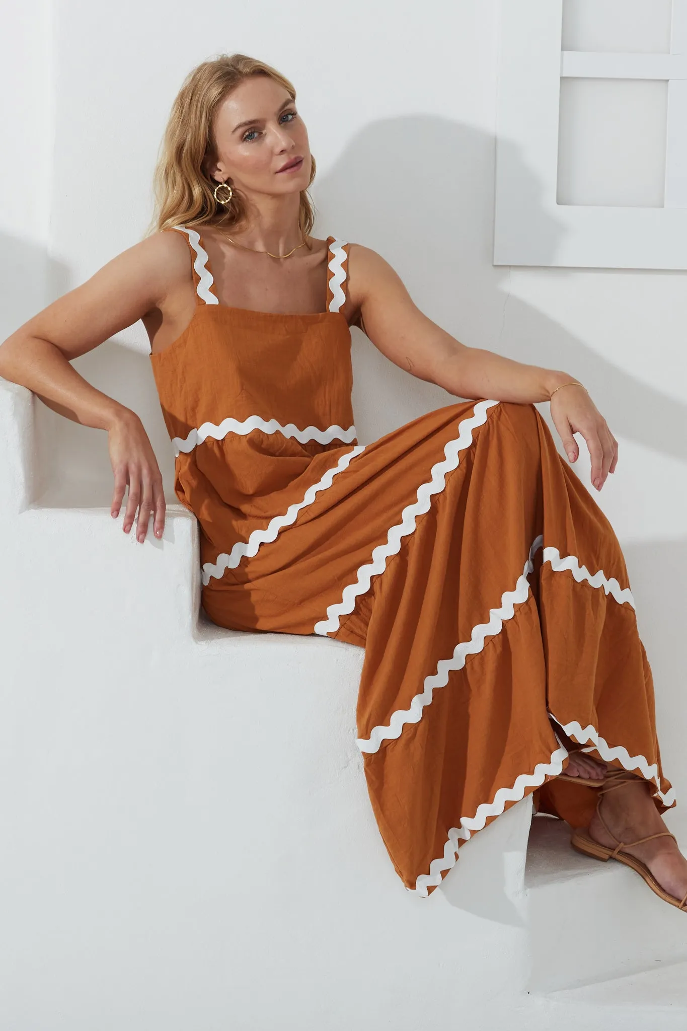 Kalliope Tan White Ric Rac Tiered Maxi Dress