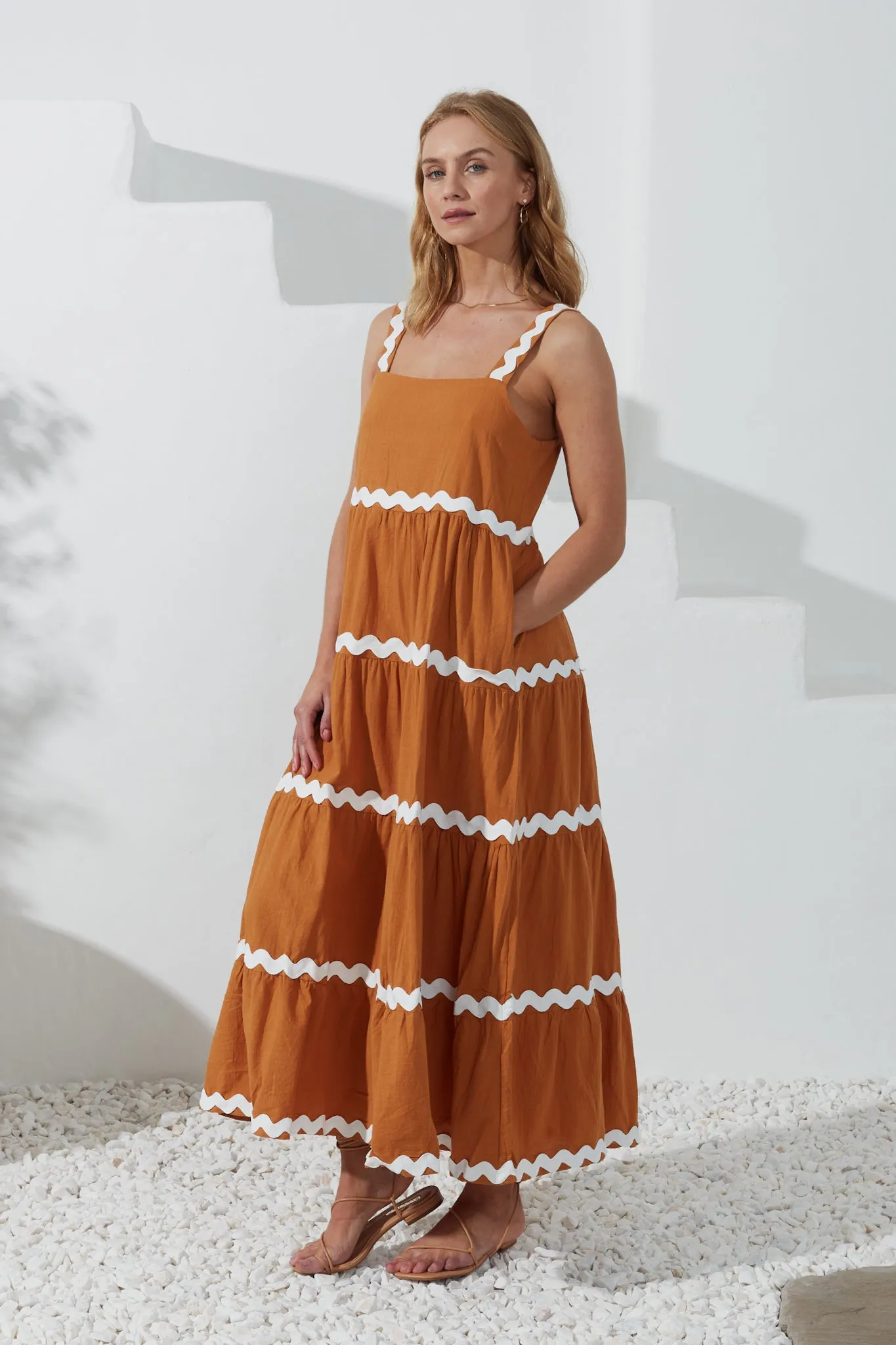 Kalliope Tan White Ric Rac Tiered Maxi Dress