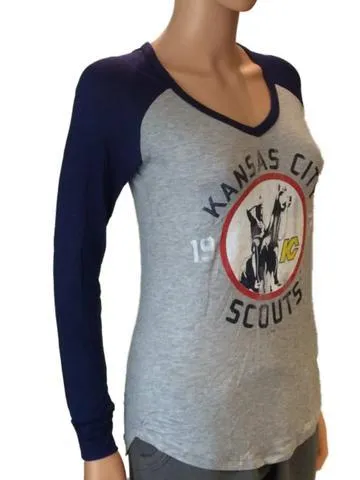 Kansas City Scouts Retro Brand Women Navy Two Tone V-Neck LS T-Shirt