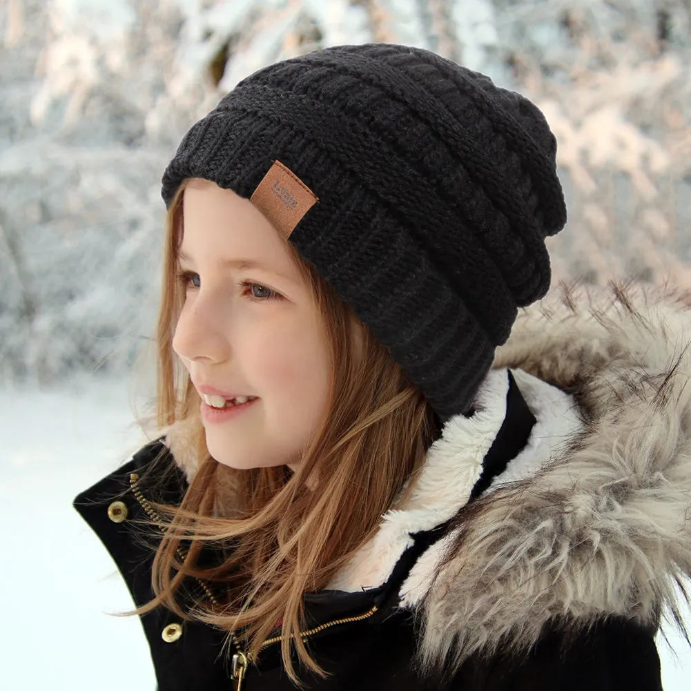 Kids Cable Knitted Beanie Silk Satin Lined Thick Chunky Cap