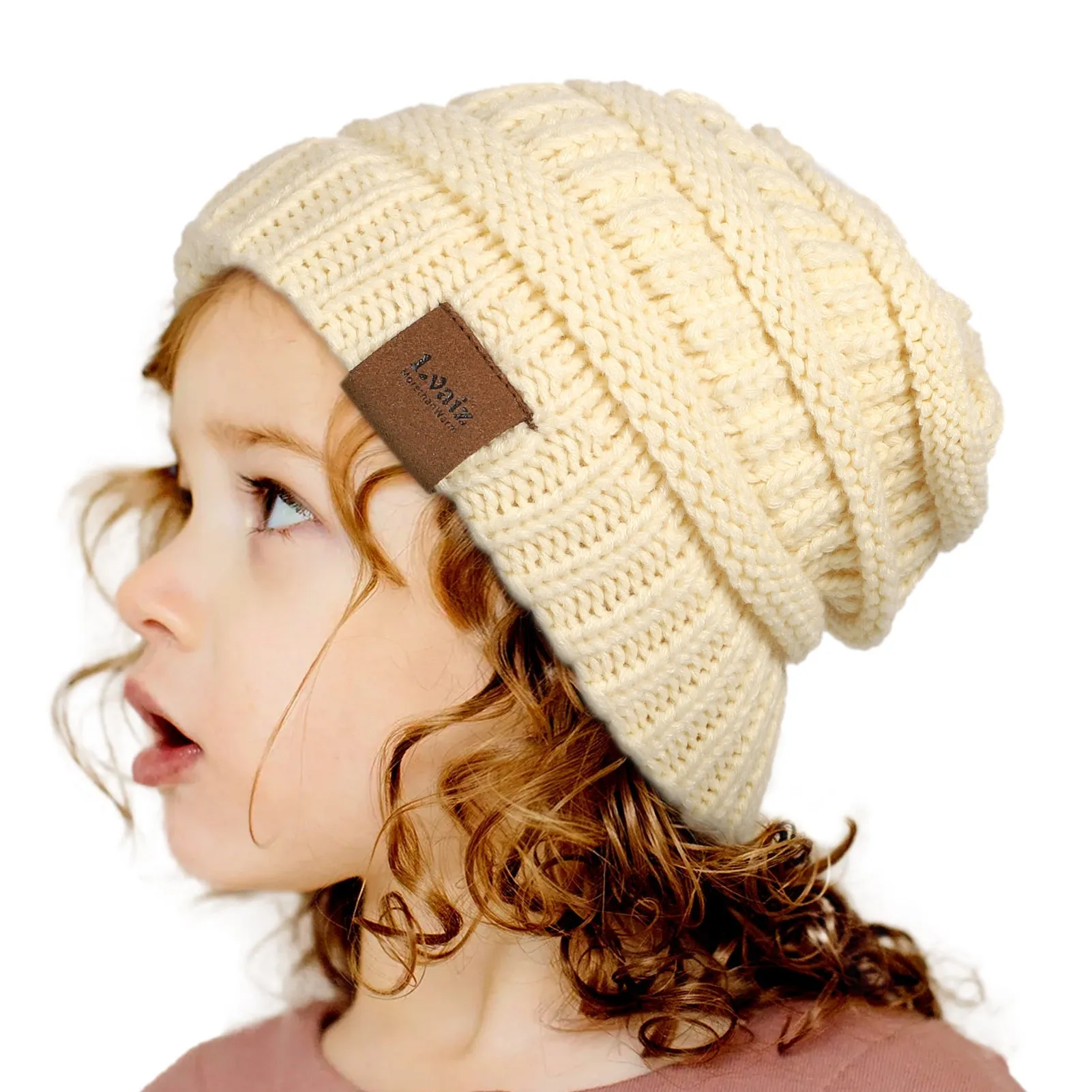 Kids Cable Knitted Beanie Silk Satin Lined Thick Chunky Cap